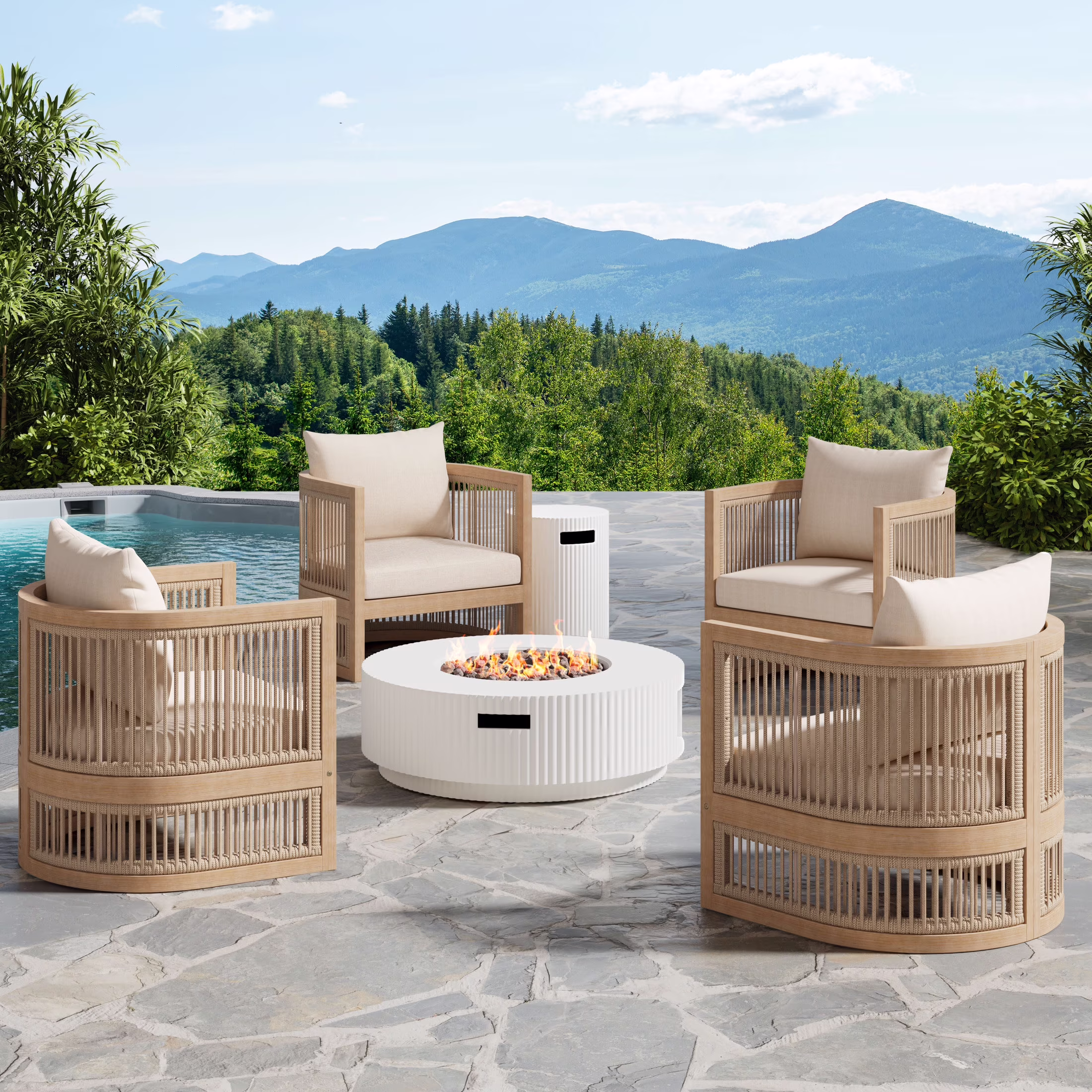 Christopher Knight Home 6-Piece Outdoor Conversation Set with Fire Pit Table and 4 Patio Chairs (White, 6-Piece Set) 9a7vb