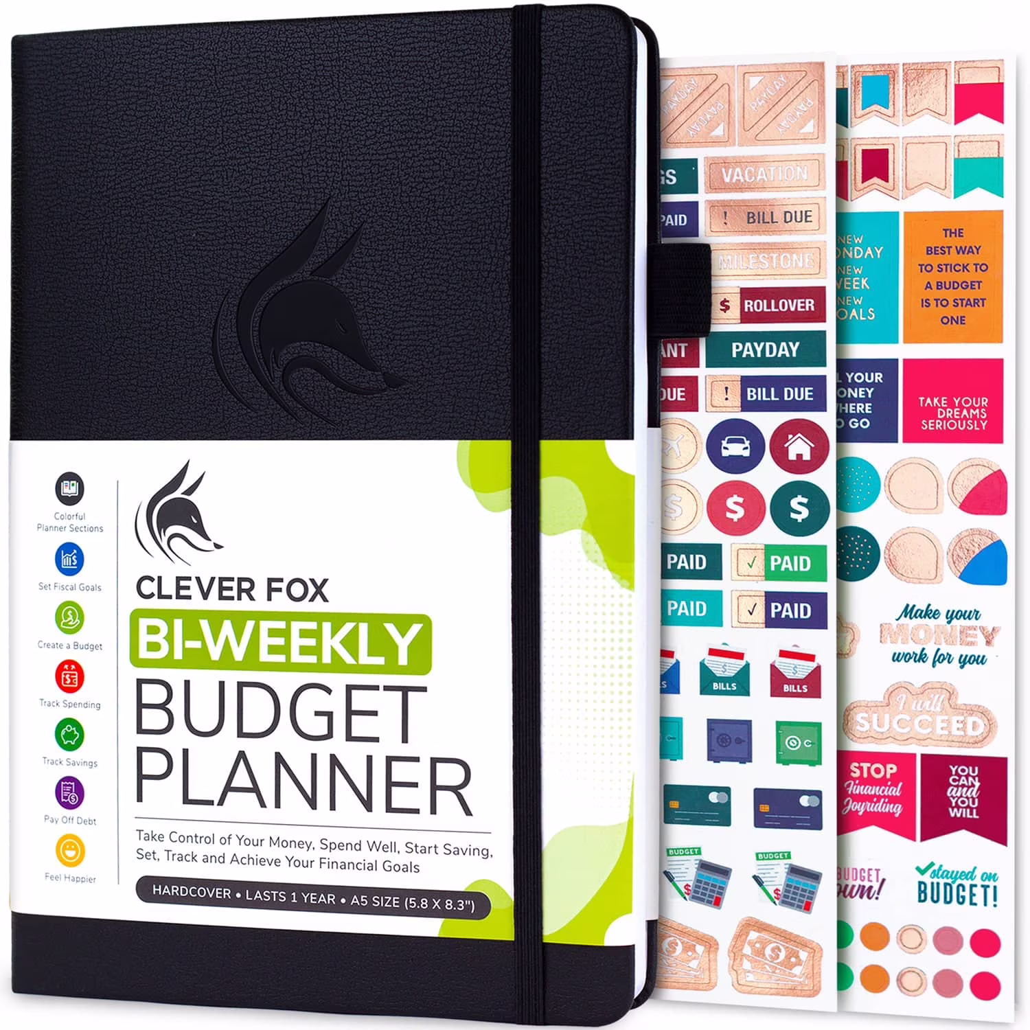 Clever Fox Bi-Weekly Budget Planner, Financial Organizer with Expense Tracker and Monthly Calendars (Black, 5.8 in x 8.3 in) 7mpap