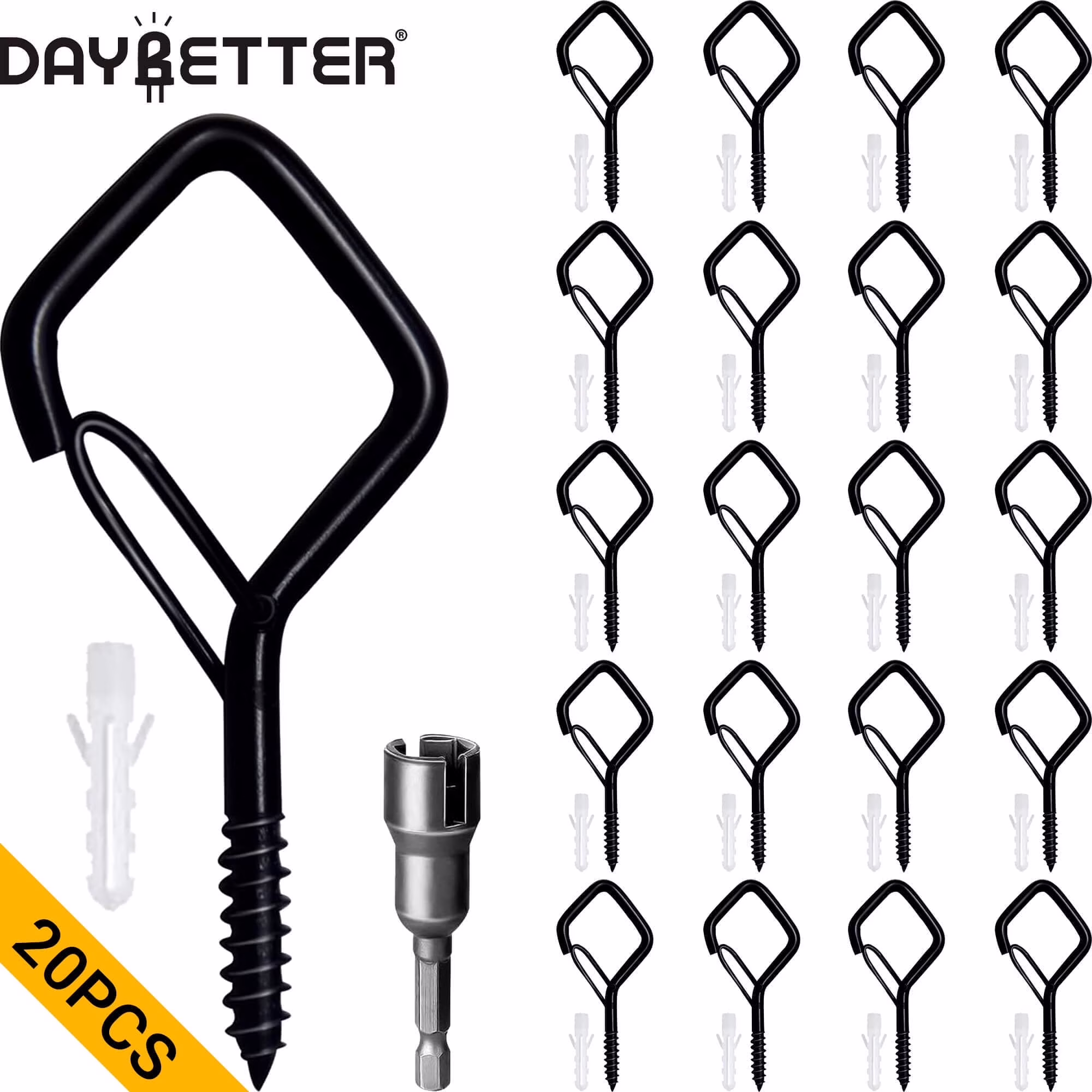 DAYBETTER Black Screw Hooks with Safety Buckle for String Lights and Home Decor (20 Pack) Ozryn