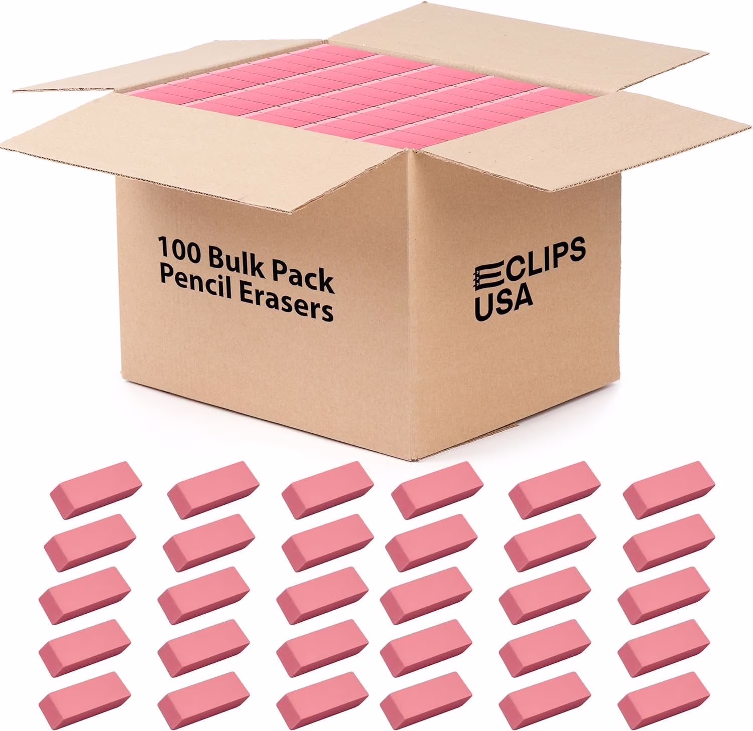 E-Clips USA Pencil Erasers, Large Pink Erasers for School and Office (100 Pack) F5srM