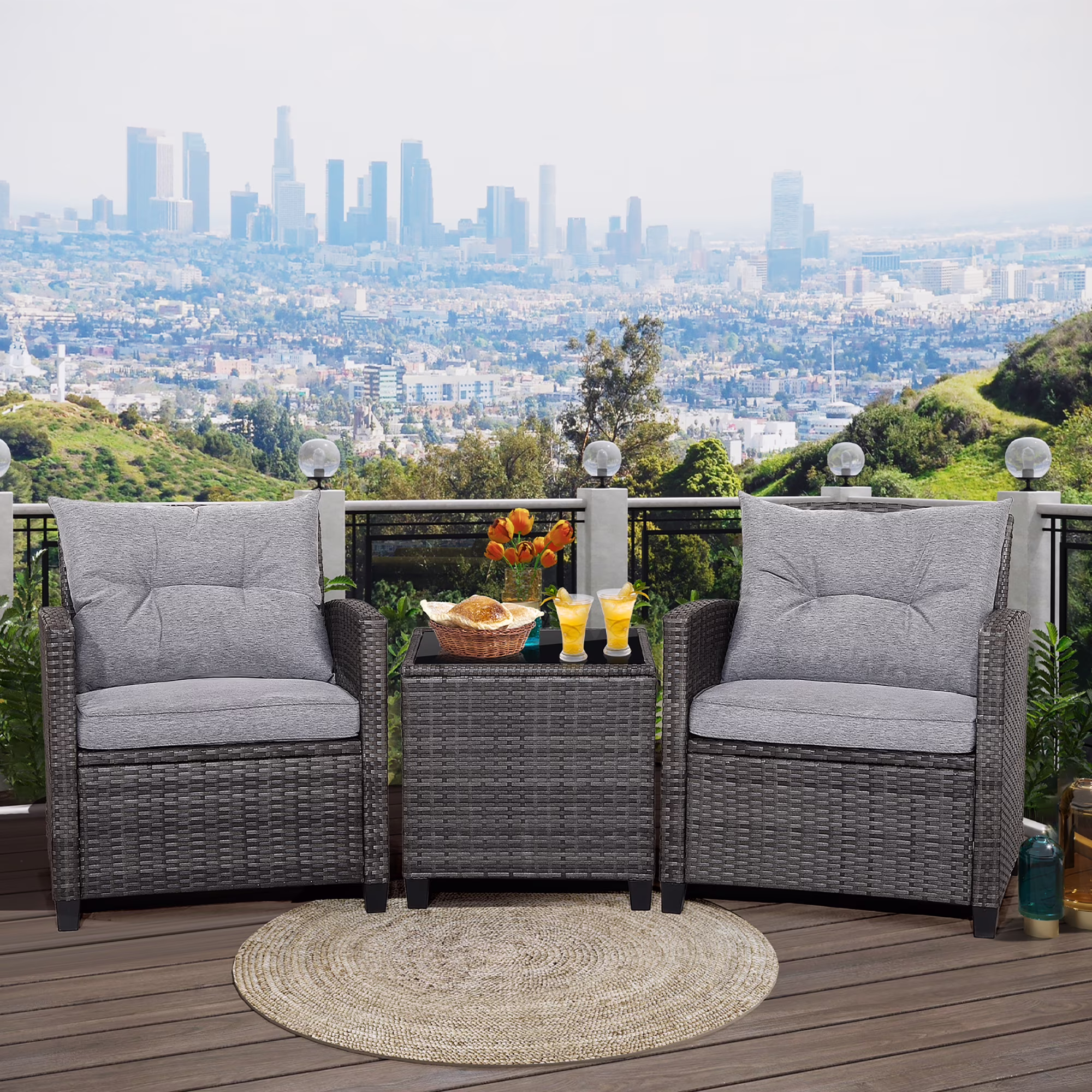 Gymax 3-Piece Patio Rattan Sofa Set Outdoor Wicker Conversation Furniture with Glass Tabletop (Grey, 3-Piece Set) 1vO0G - Image 2