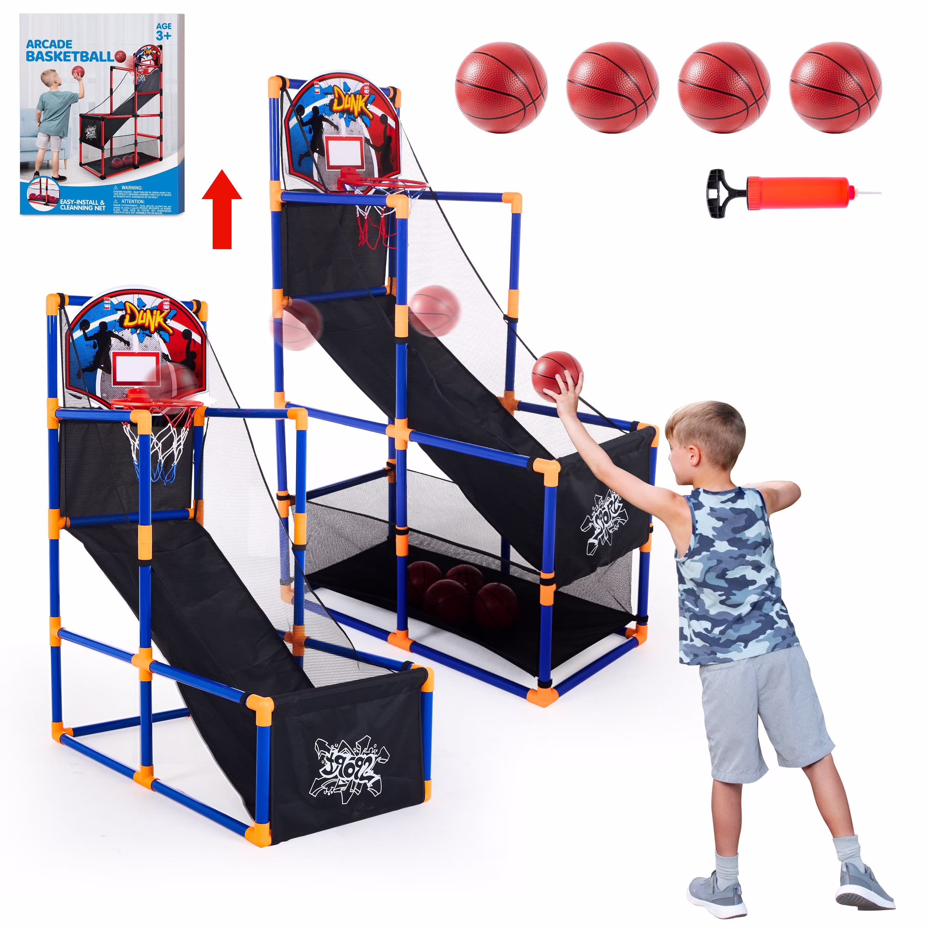Joyfy Indoor Arcade Basketball Hoop Set with 4 Balls (Blue, 44 in - 55 in) fue3H