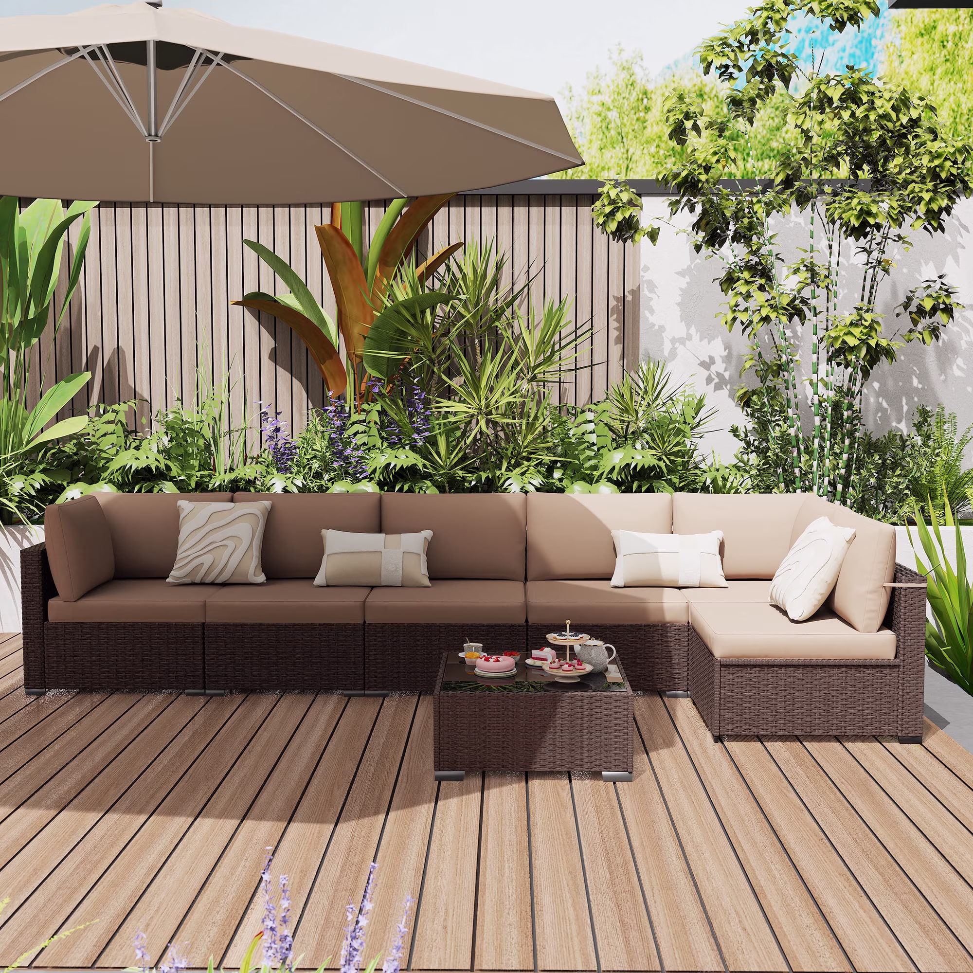 Kigoty 7-Piece Outdoor Patio Furniture Set, Wicker Rattan Sectional Sofa with Coffee Table (Brown, 7-Piece) avnNy