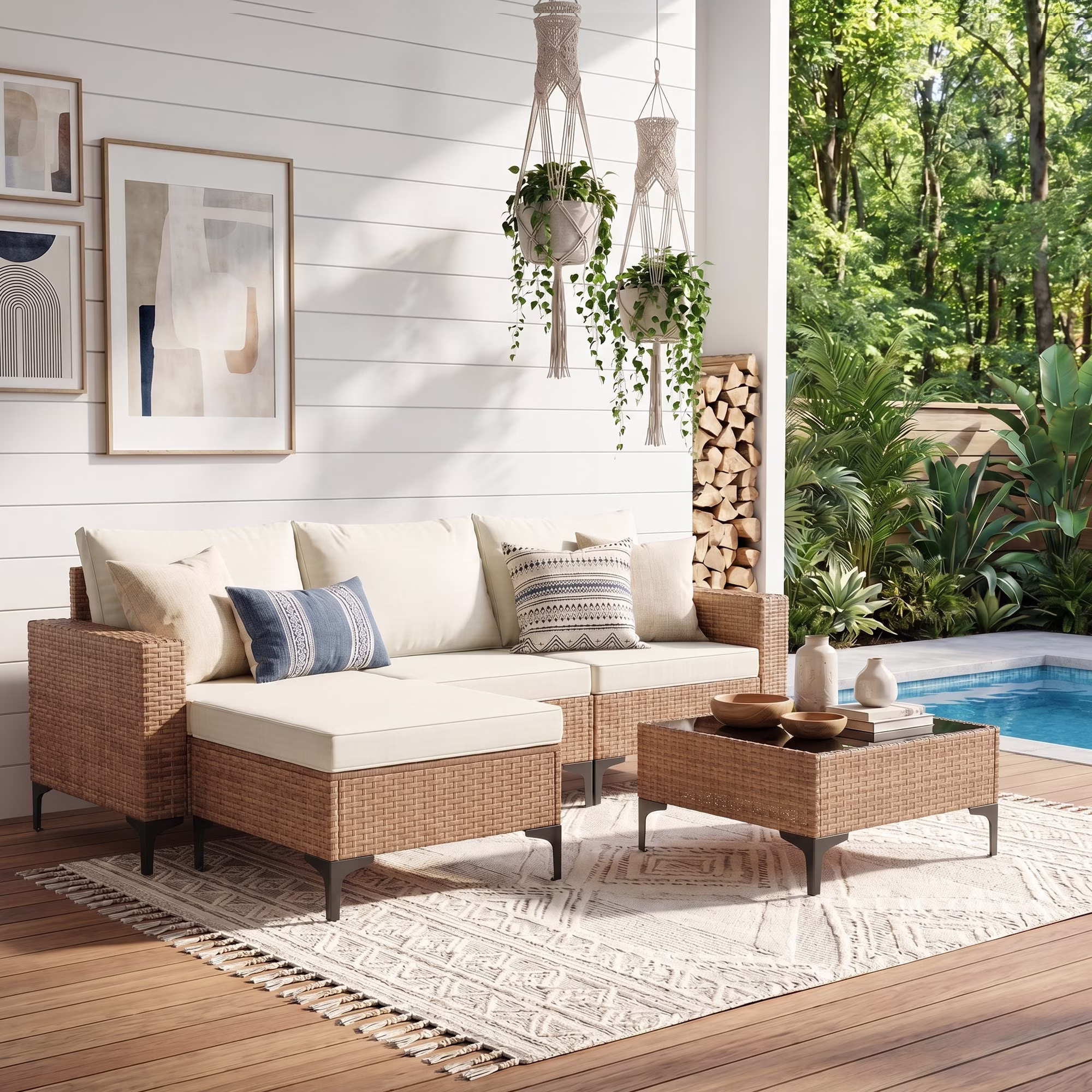 LAZZO 5-Piece Patio Conversation Set, Boho Outdoor Wicker Furniture with Cushions and Glass Coffee Table (Beige, 5-Piece) DpjH9 - Image 10