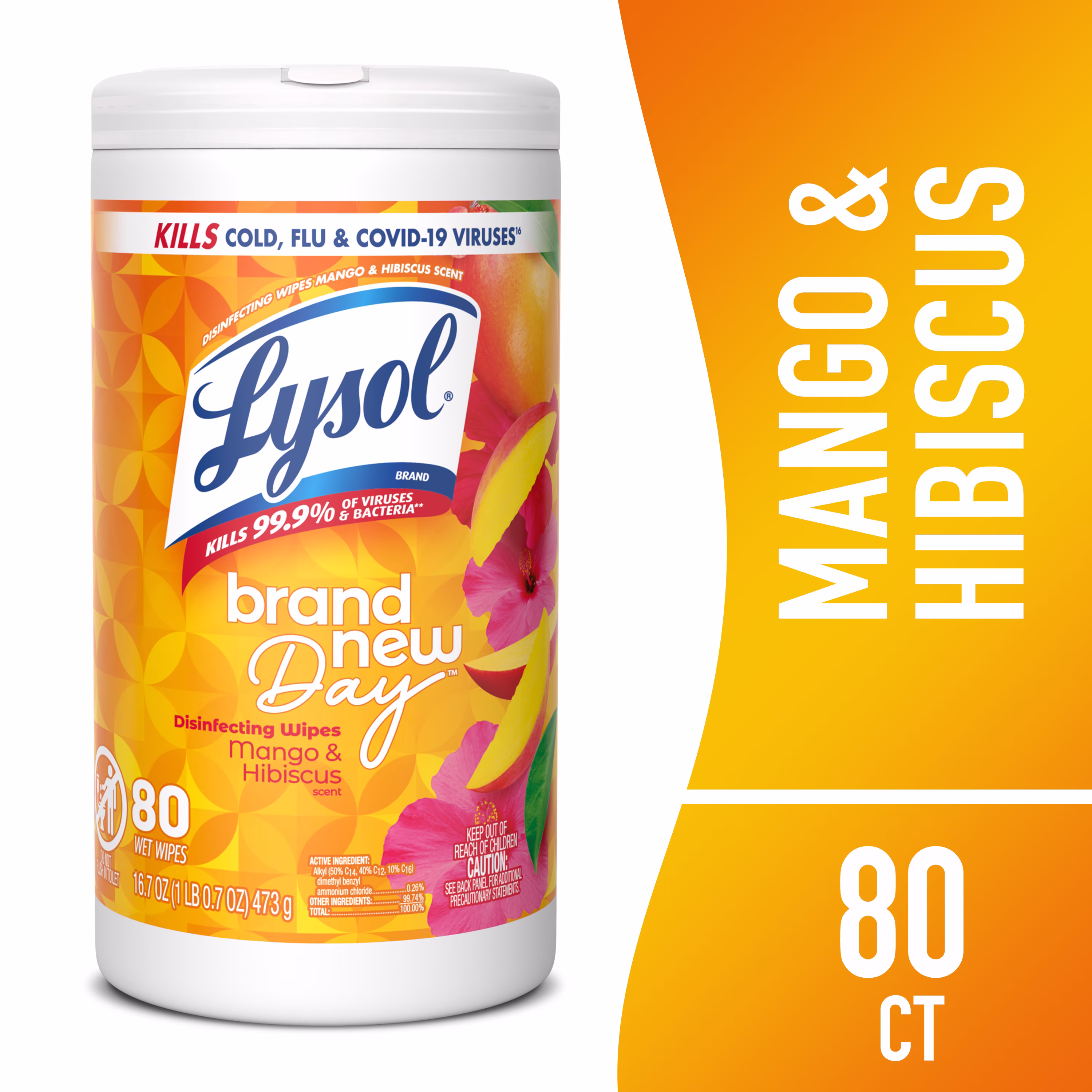 Lysol Disinfecting Wipes, Multi-Surface Antibacterial Cleaning Wipes, Mango & Hibiscus Scent (White, 80 Count) Ns1fM