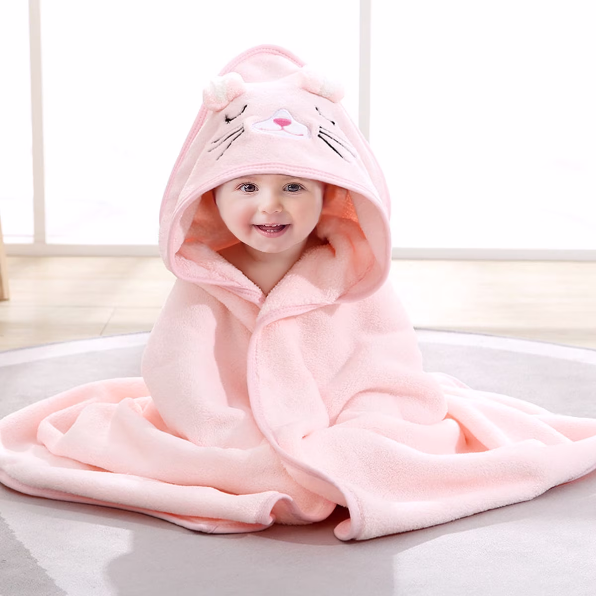 Liyufly Baby Hooded Bath Towel, Ultra-Soft Absorbent Coral Fleece for Newborns and Toddlers (Pink, 31.5 x 31.5 in) VCjY5