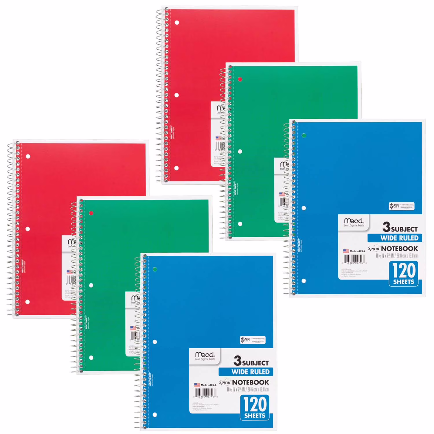 Mead Spiral 3 Subject Notebook, Wide Ruled, Perforated Pages for School and Office (Assorted Colors, 6 Pack) EJ1Yq
