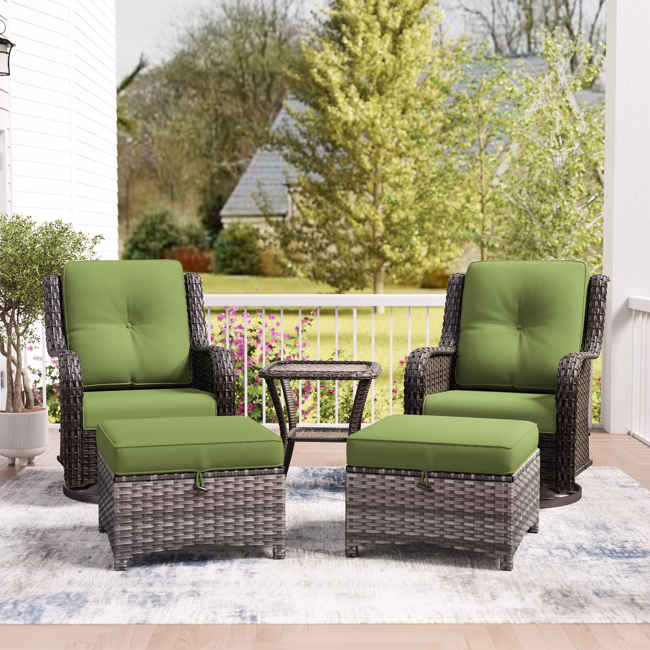 MeetLeisure 5-Piece Wicker Patio Furniture Set, Swivel Rocker Chairs with Ottomans and Side Table (Green) Zv77f - Image 8