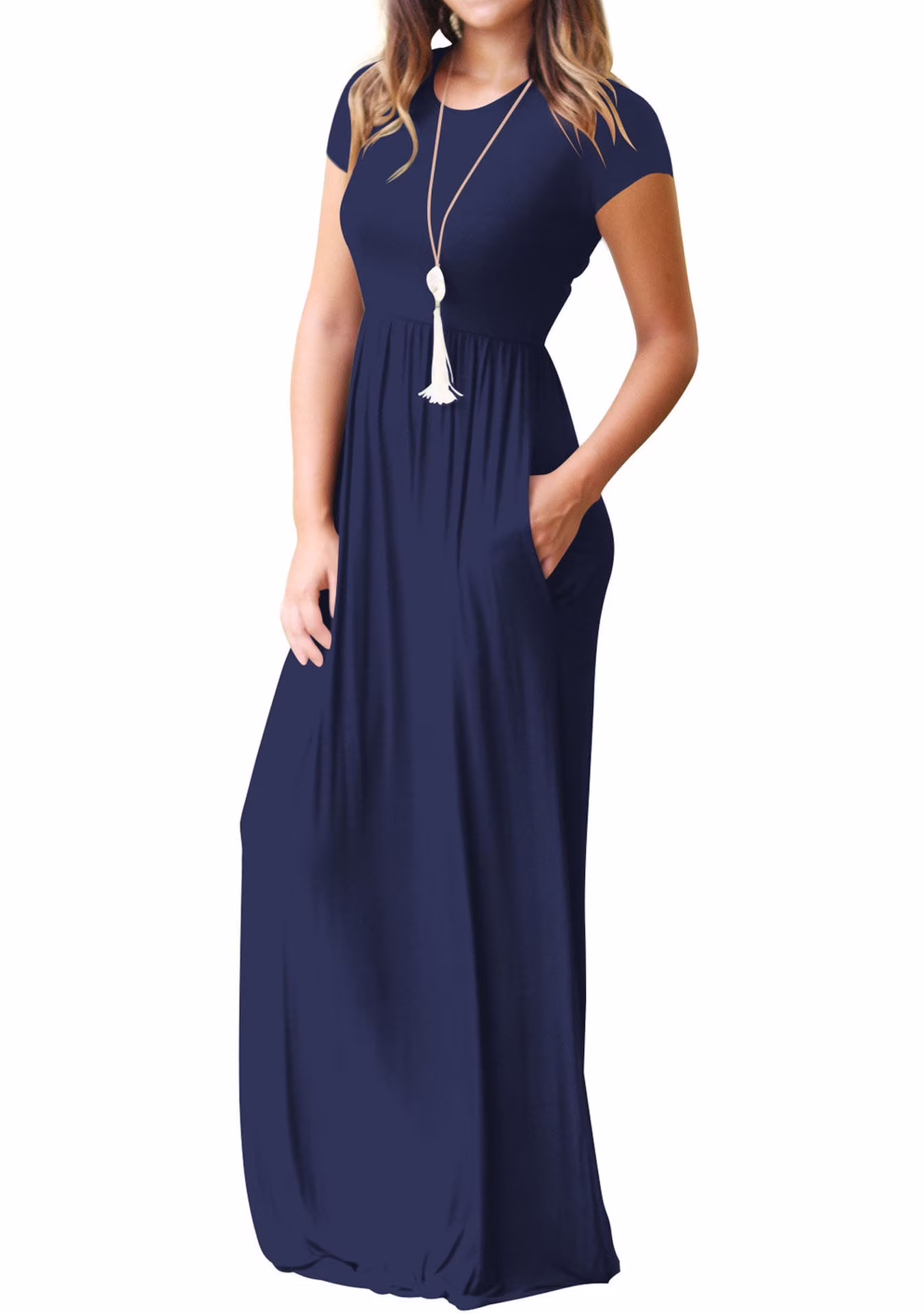 Mengpipi Women's Short Sleeve Maxi Dress Casual Loose Fit with Pockets (Navy Blue, M) g2d0b