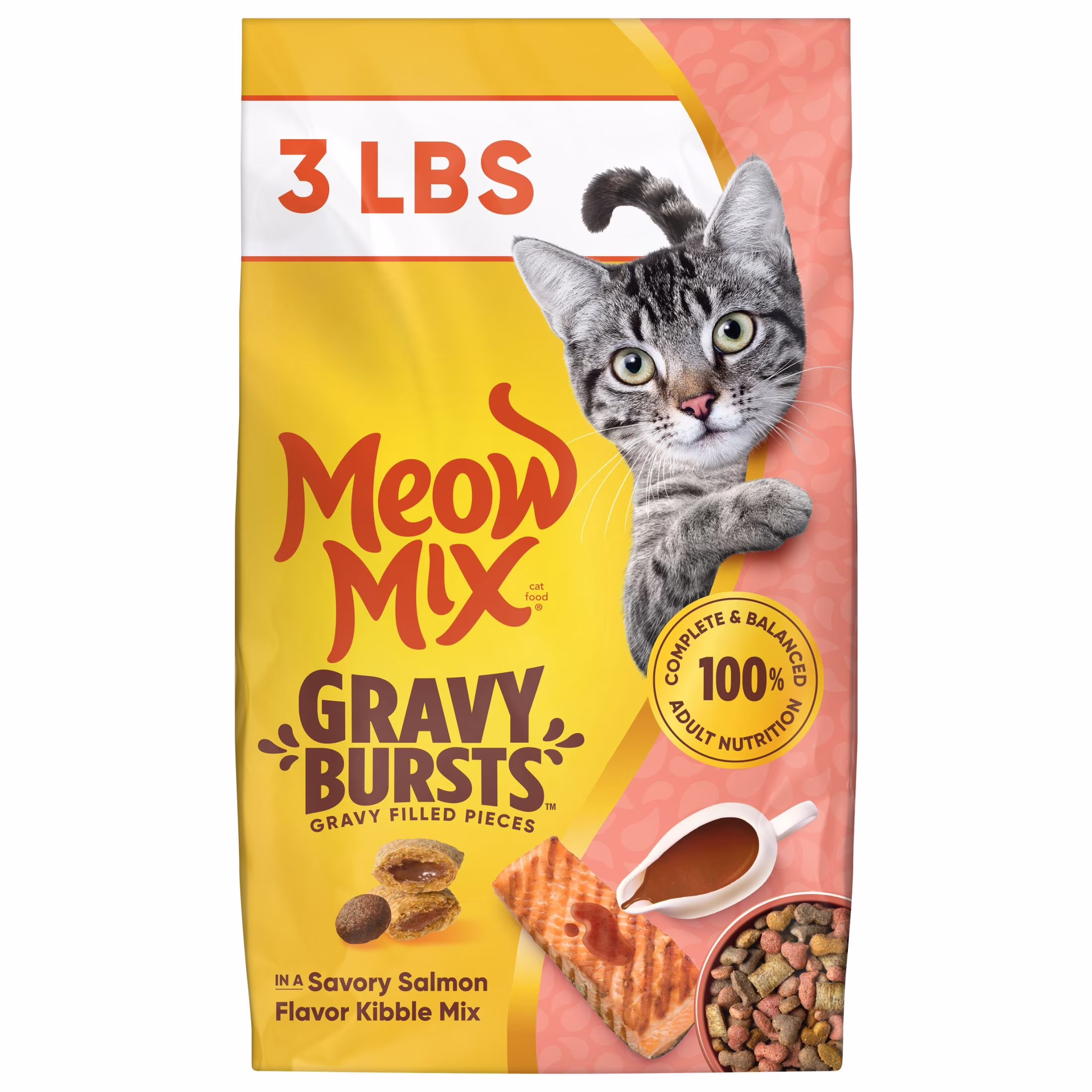 Meow Mix Gravy Bursts Savory Salmon Flavor Dry Cat Food (3 lb) 9FEZC - Image 9