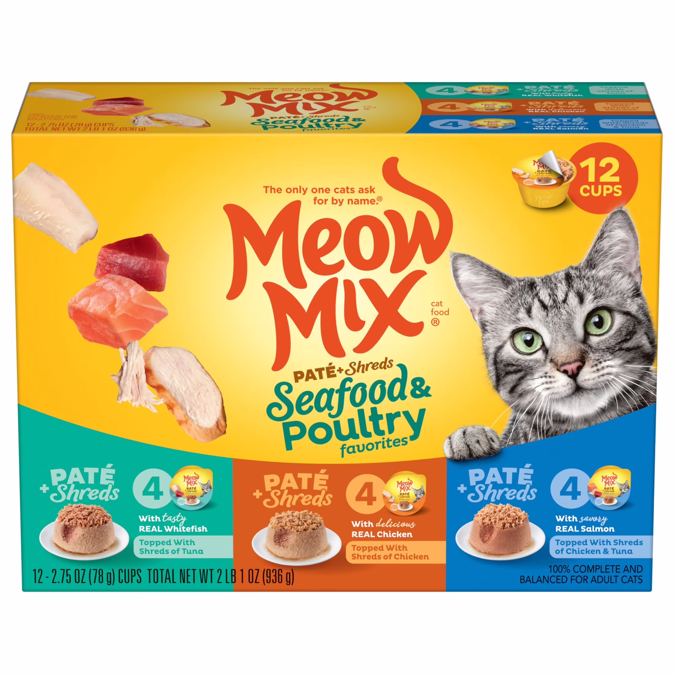 Meow Mix Pate Toppers Seafood & Poultry Variety Pack Wet Cat Food (Multi-Flavor, 12 Pack of 2.75 oz Cups) ffqAC