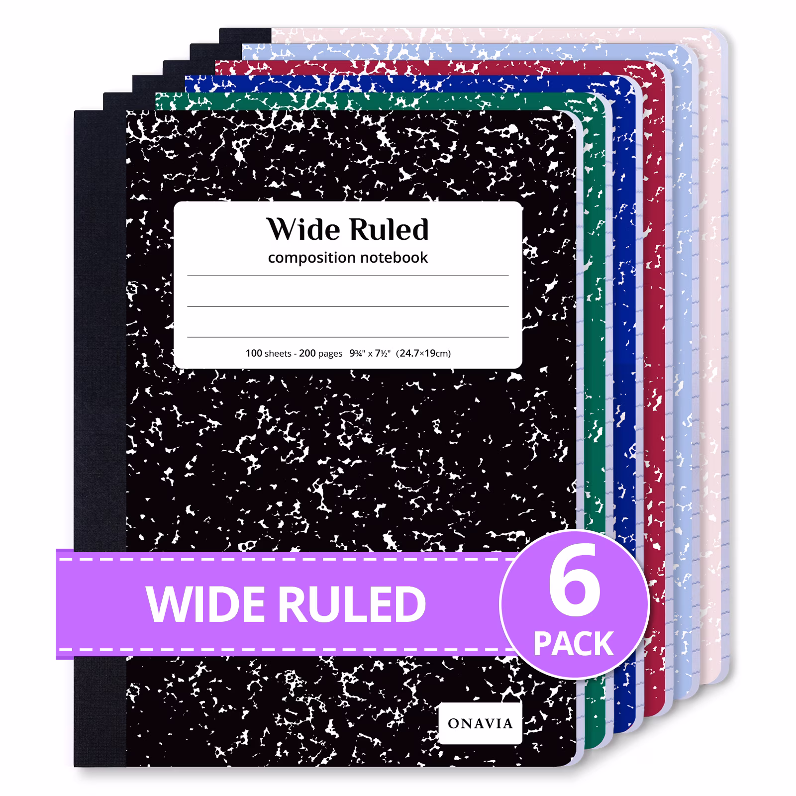 ONAVIA Wide Ruled Composition Notebooks, Durable Hard Cover Journal Set for School and Office (Assorted Colors, 6 Pack, 9.75 in x 7.5 in) uLhVs
