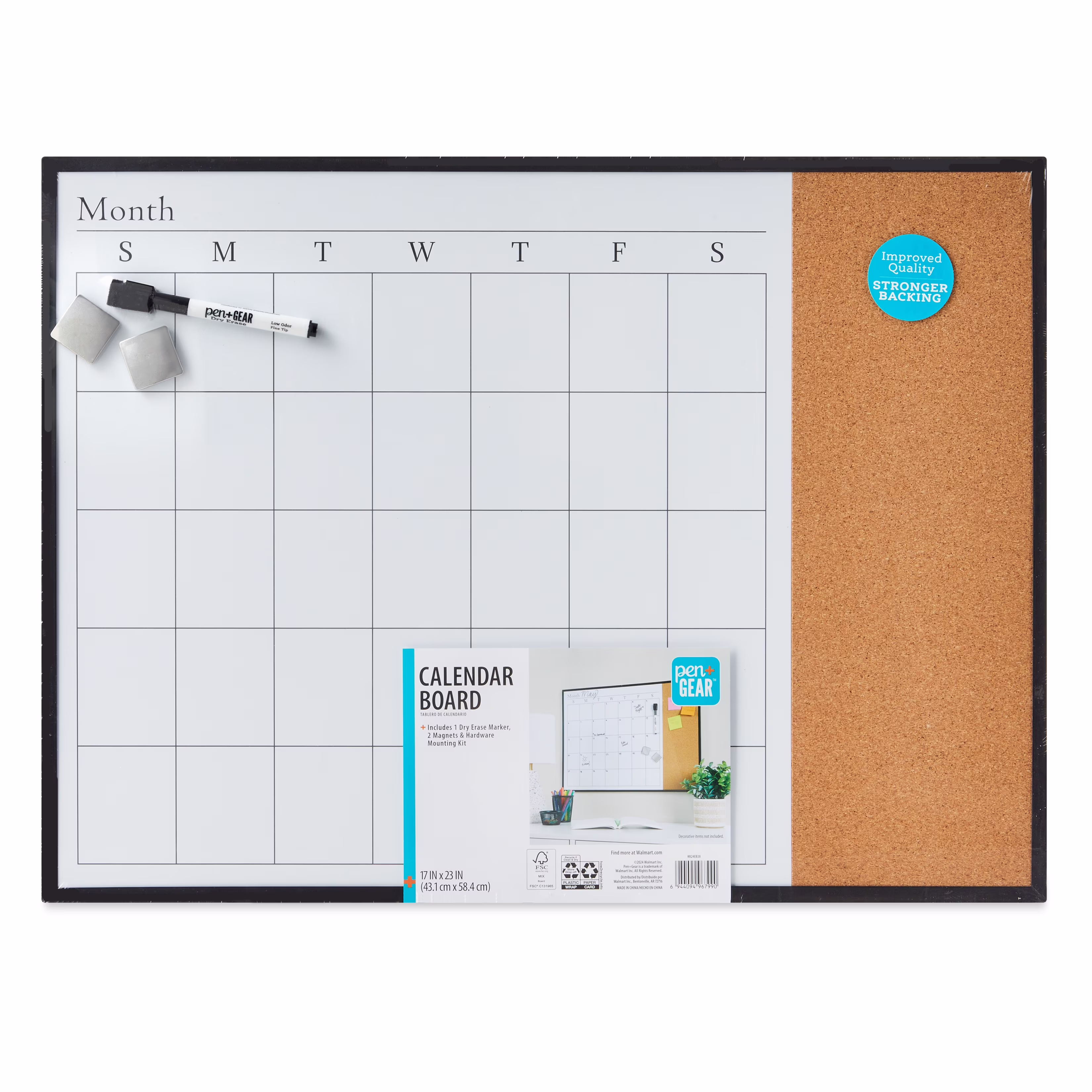 Pen+Gear 3-in-1 Magnetic Whiteboard Calendar and Cork Board (17 in x 23 in, 1 Pack) 8EoPz