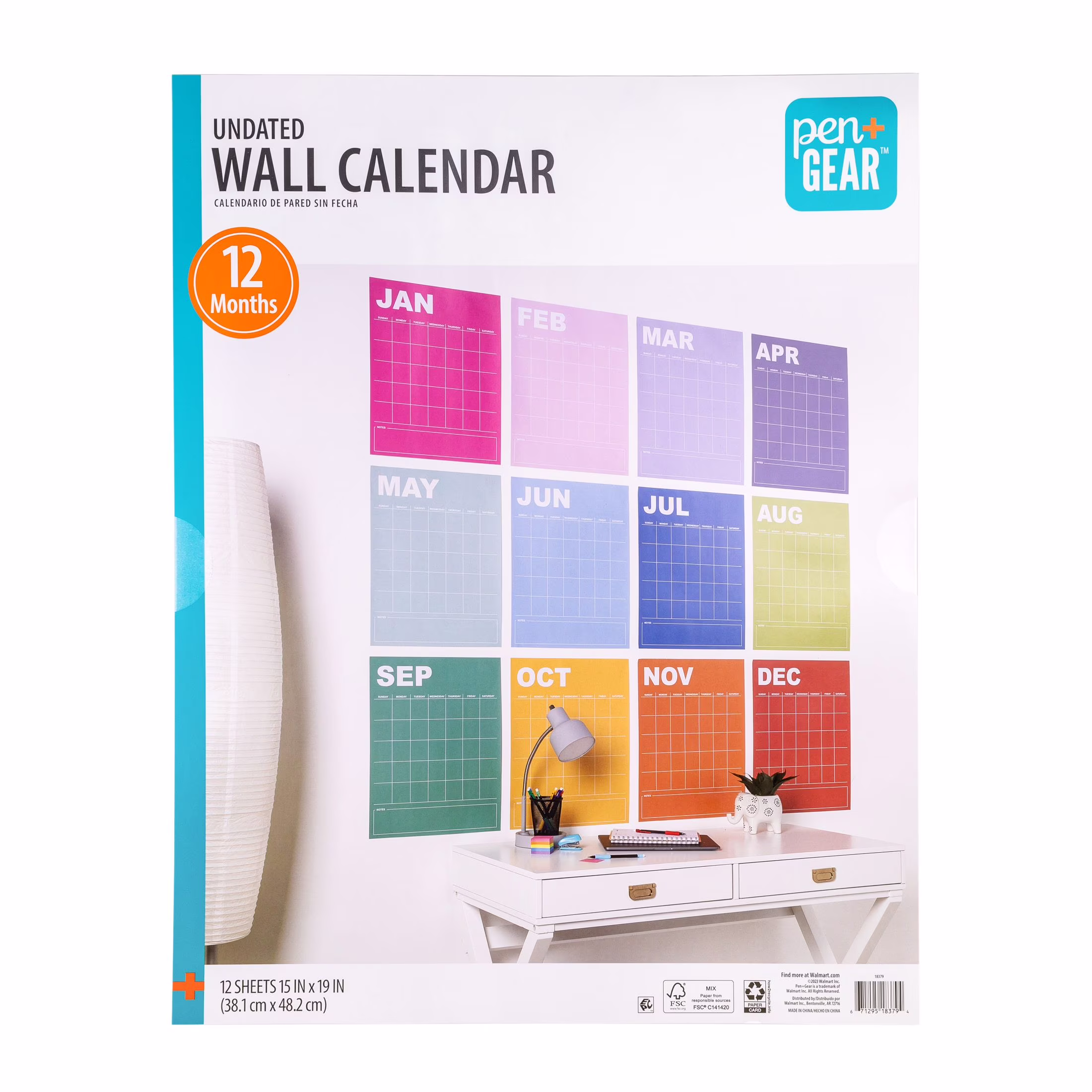 Pen+Gear Monthly Wall Calendar, Undated Rainbow Planner Sheets (15 in x 19 in) SyqtG