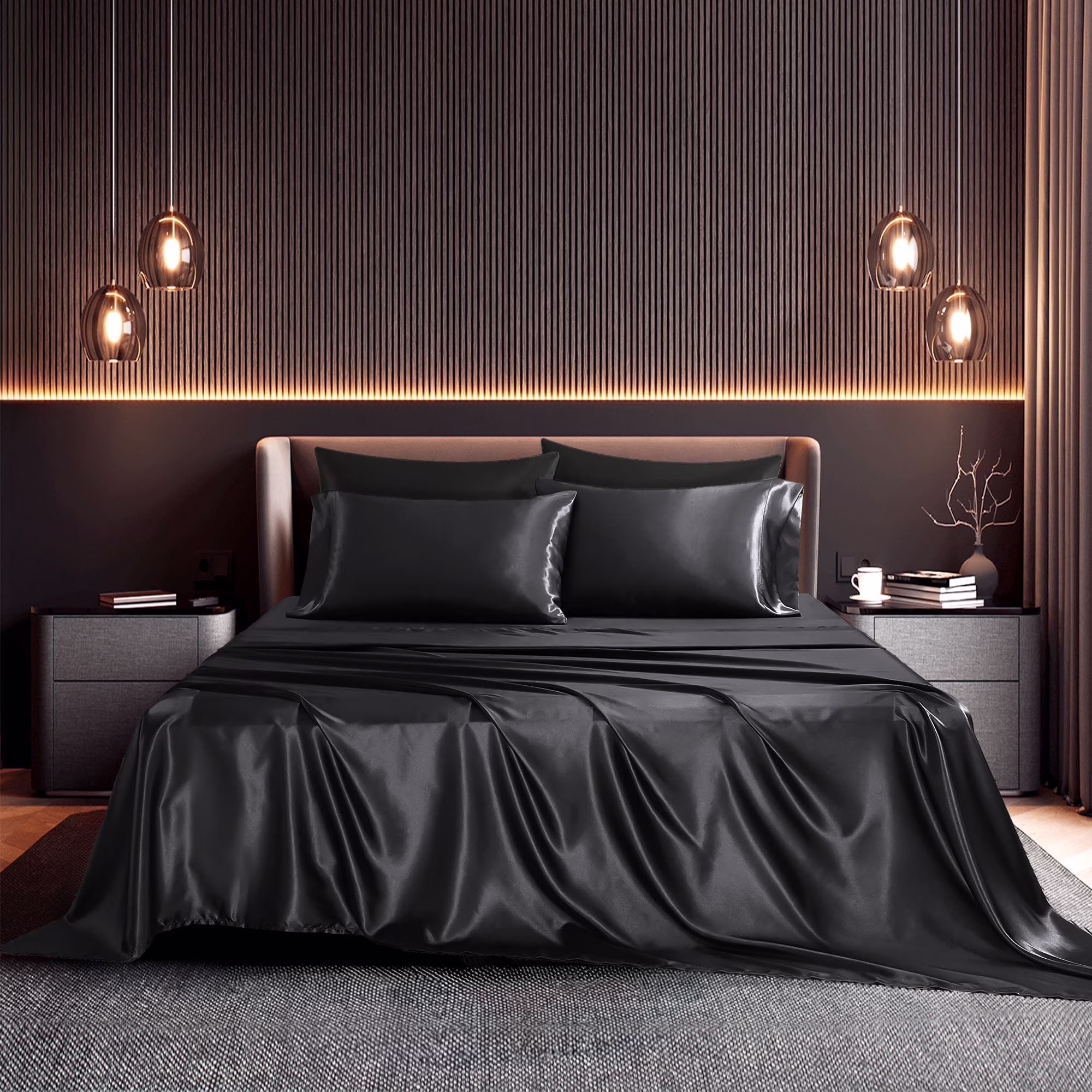 Seasonwood Satin Sheet Set, Silky Bedding Collection, Wrinkle-Resistant & Breathable (Black, Queen, 4-Piece Set) 1HWLj - Image 2