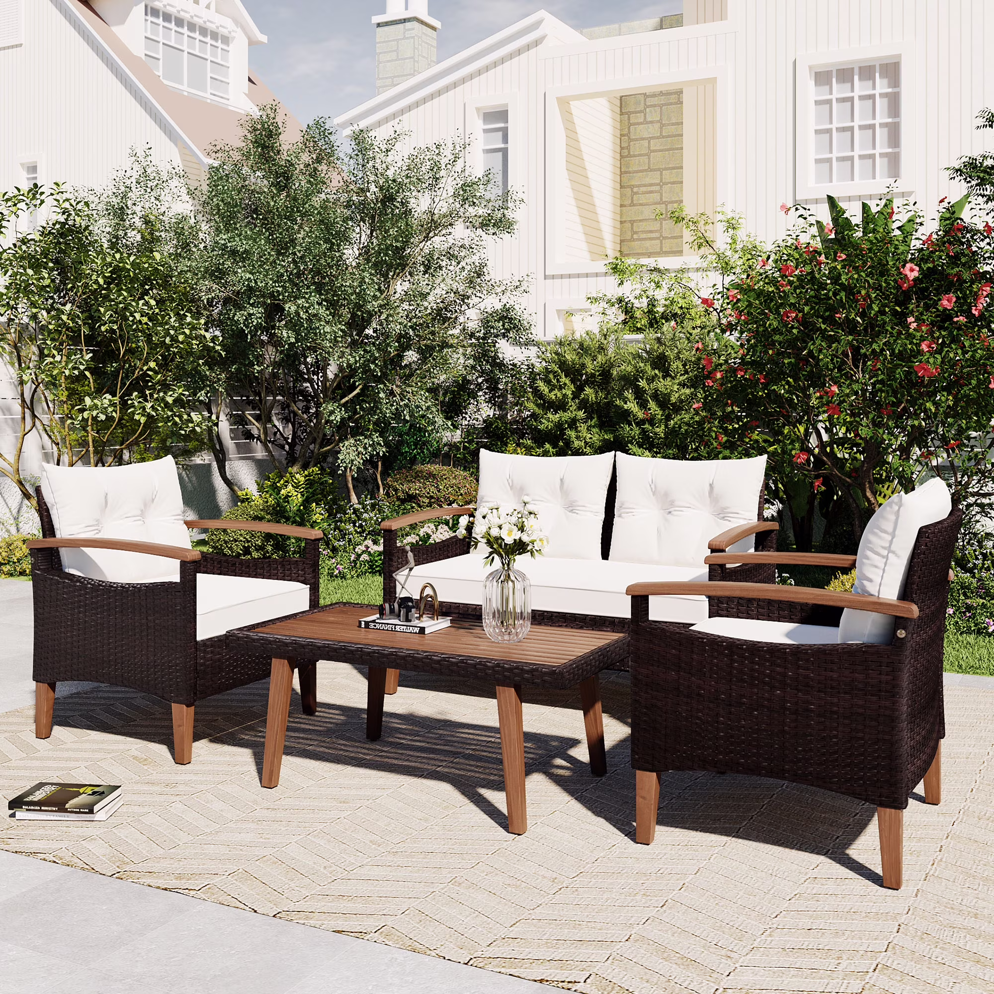 Seizeen 4-Piece Patio Furniture Set, PE Rattan Outdoor Conversation Set with Acacia Wood Accents (Brown, 4-Piece Set) yFLTy