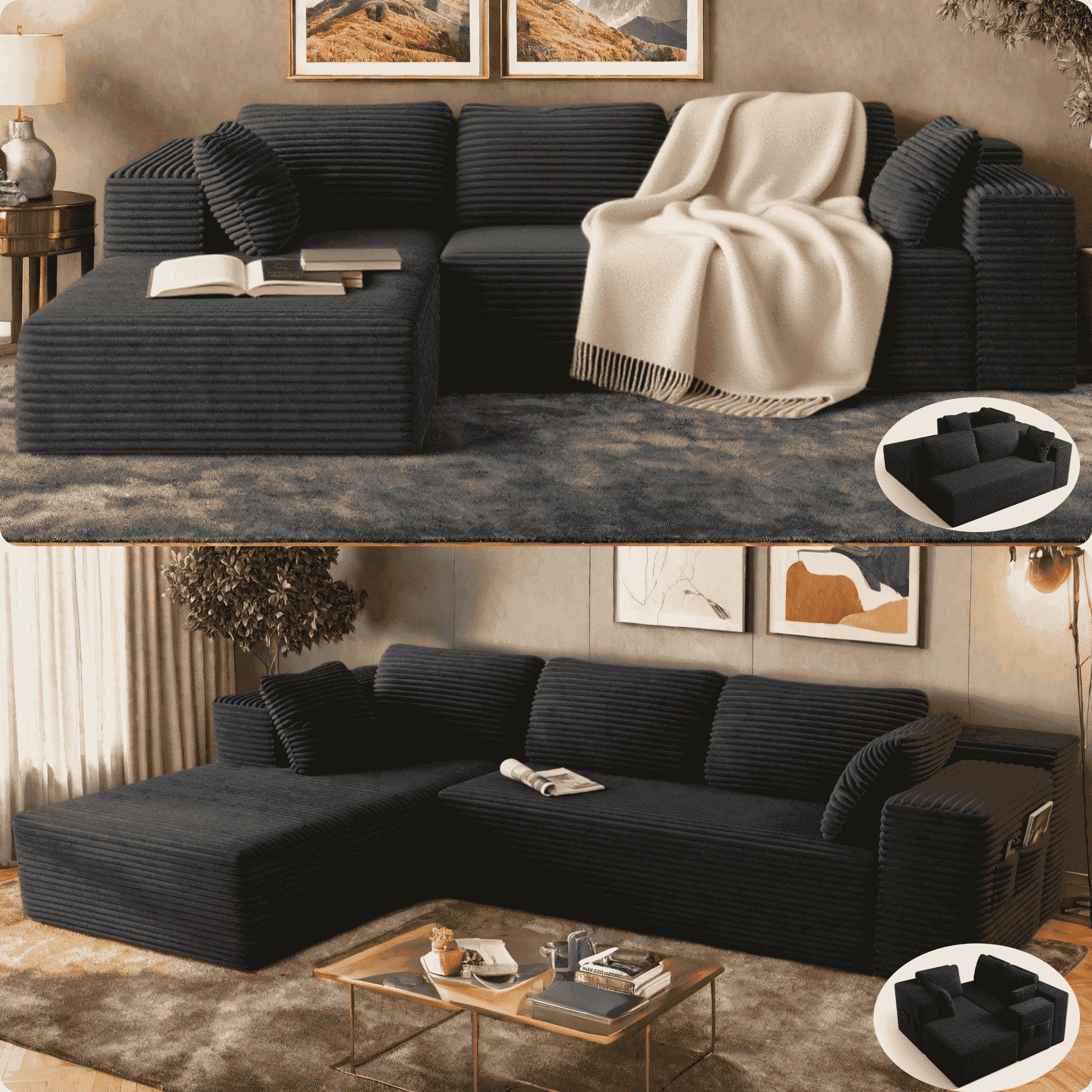Lofka L-Shaped Sectional Sofa, Pet-Friendly Corduroy Fabric, Modular Living Room Furniture (Black, 105 in) 8Uae6