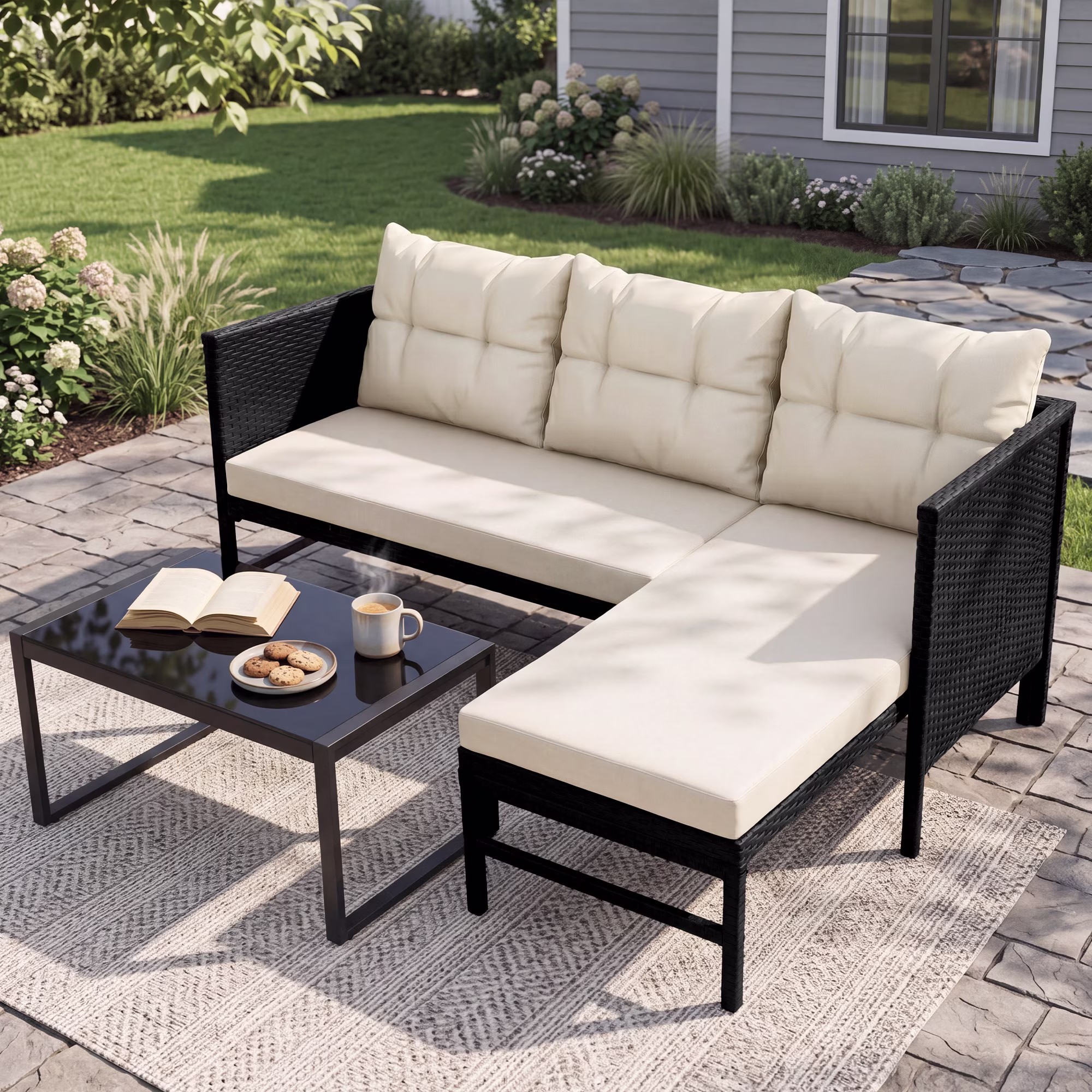 Tappio 5 Piece Outdoor Patio Furniture Set, All-Weather PE Rattan Sectional Sofa with Cushions and Glass Table (Black/Beige, 5 Piece) aUiMm