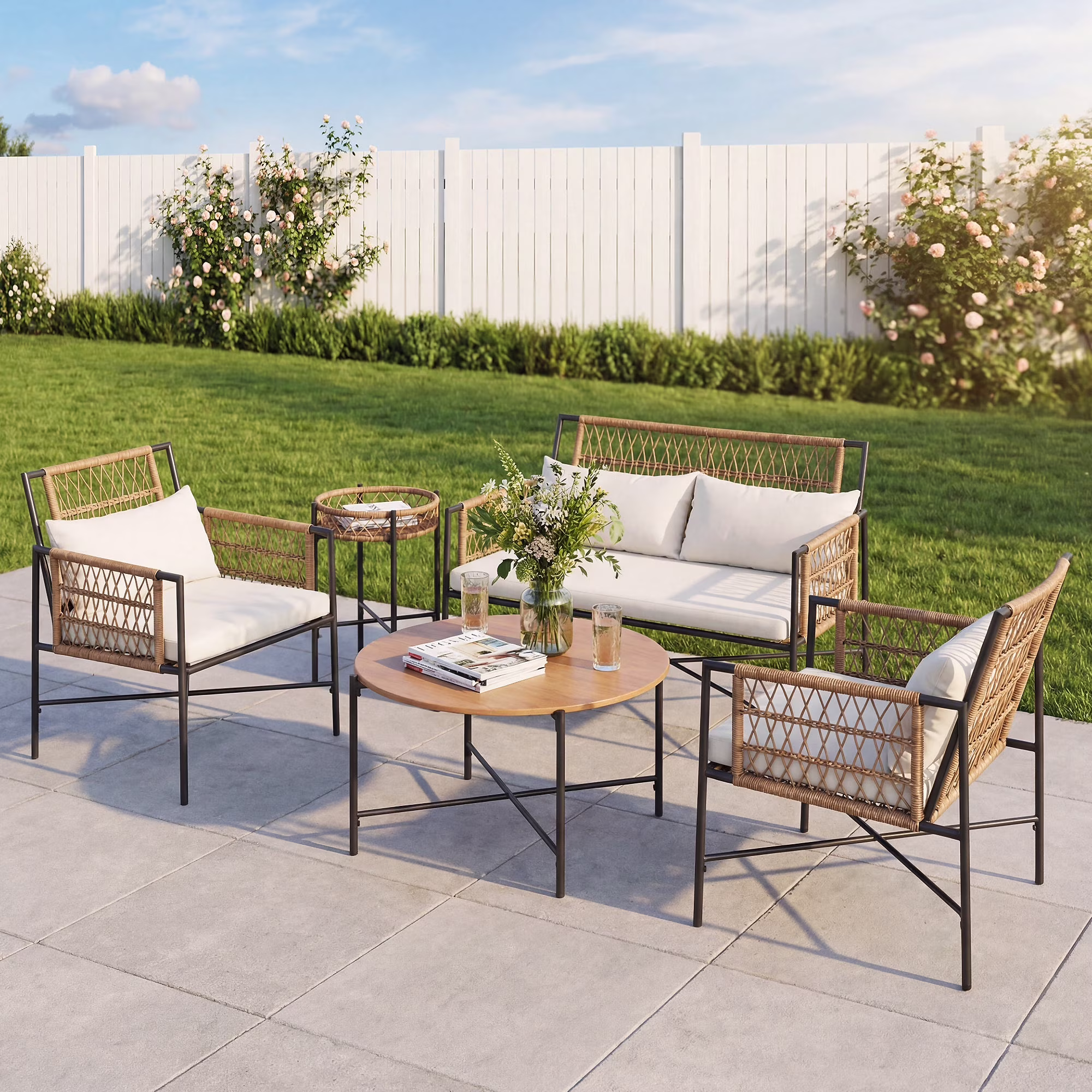 KamerOut 5-Piece Outdoor Wicker Patio Furniture Set with Cushions (Beige, 5-Piece Set) GpkGZ