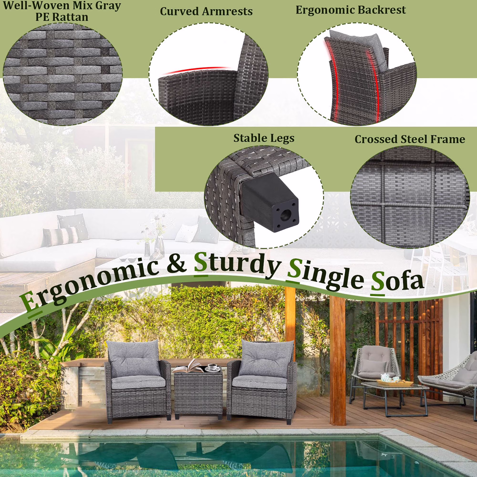 Gymax 3-Piece Patio Rattan Sofa Set Outdoor Wicker Conversation Furniture with Glass Tabletop (Grey, 3-Piece Set) 1vO0G - Image 10