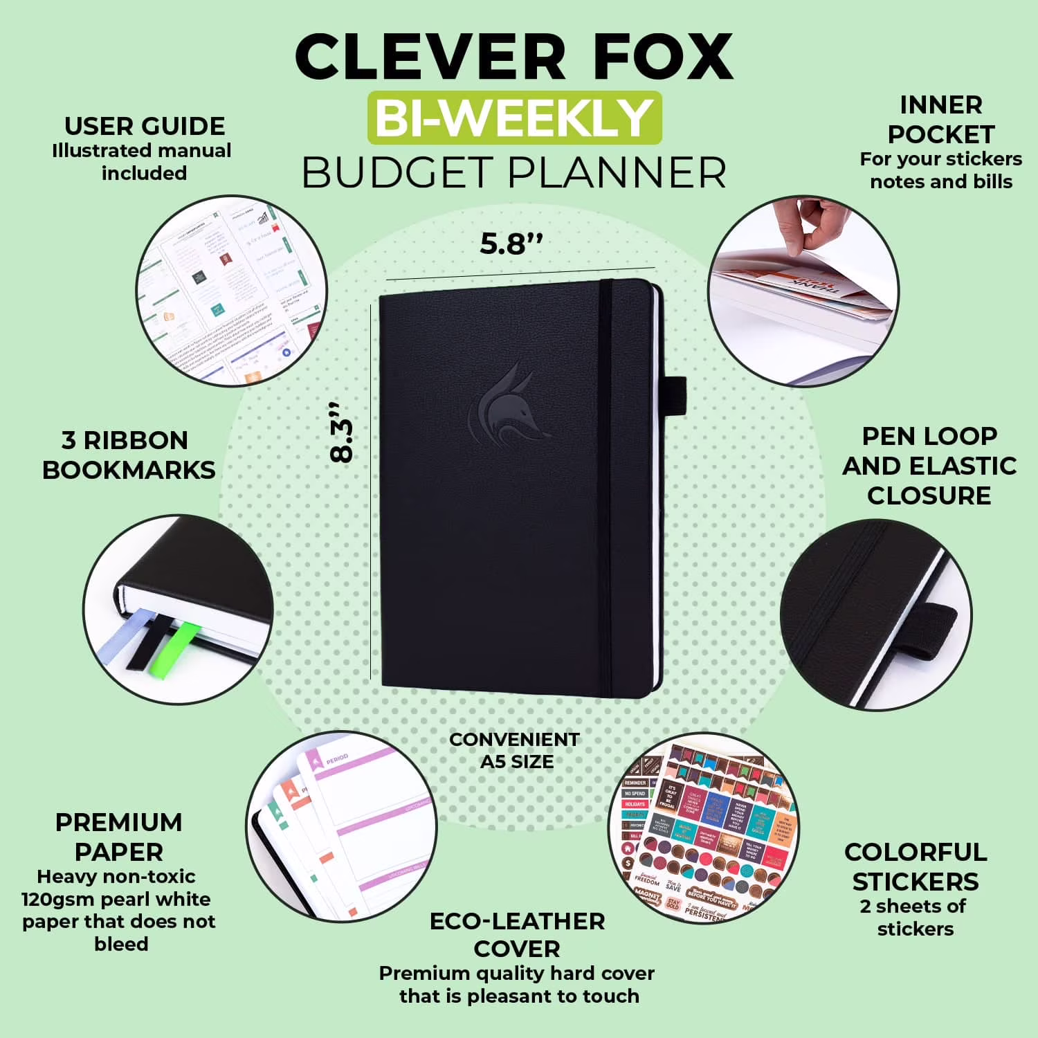 Clever Fox Bi-Weekly Budget Planner, Financial Organizer with Expense Tracker and Monthly Calendars (Black, 5.8 in x 8.3 in) 7mpap