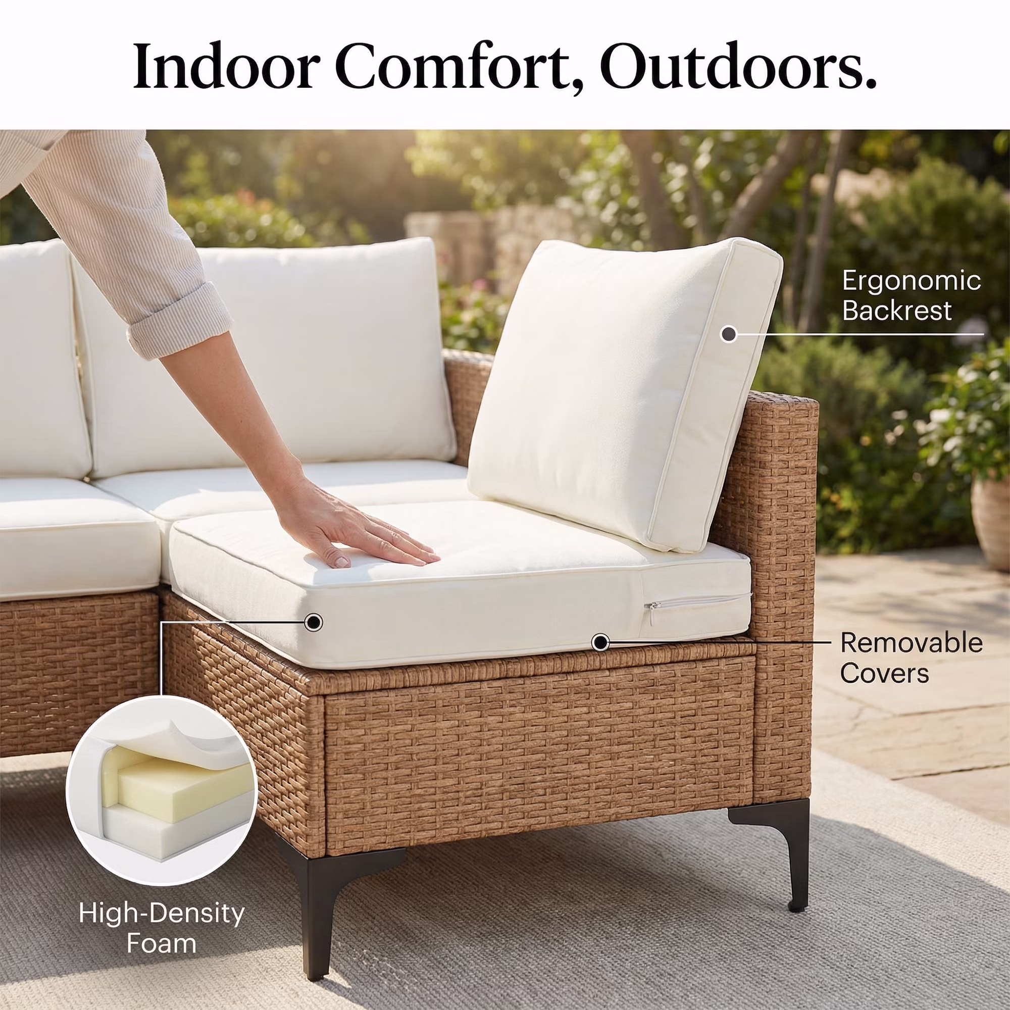 LAZZO 5-Piece Patio Conversation Set, Boho Outdoor Wicker Furniture with Cushions and Glass Coffee Table (Beige, 5-Piece) DpjH9 - Image 5