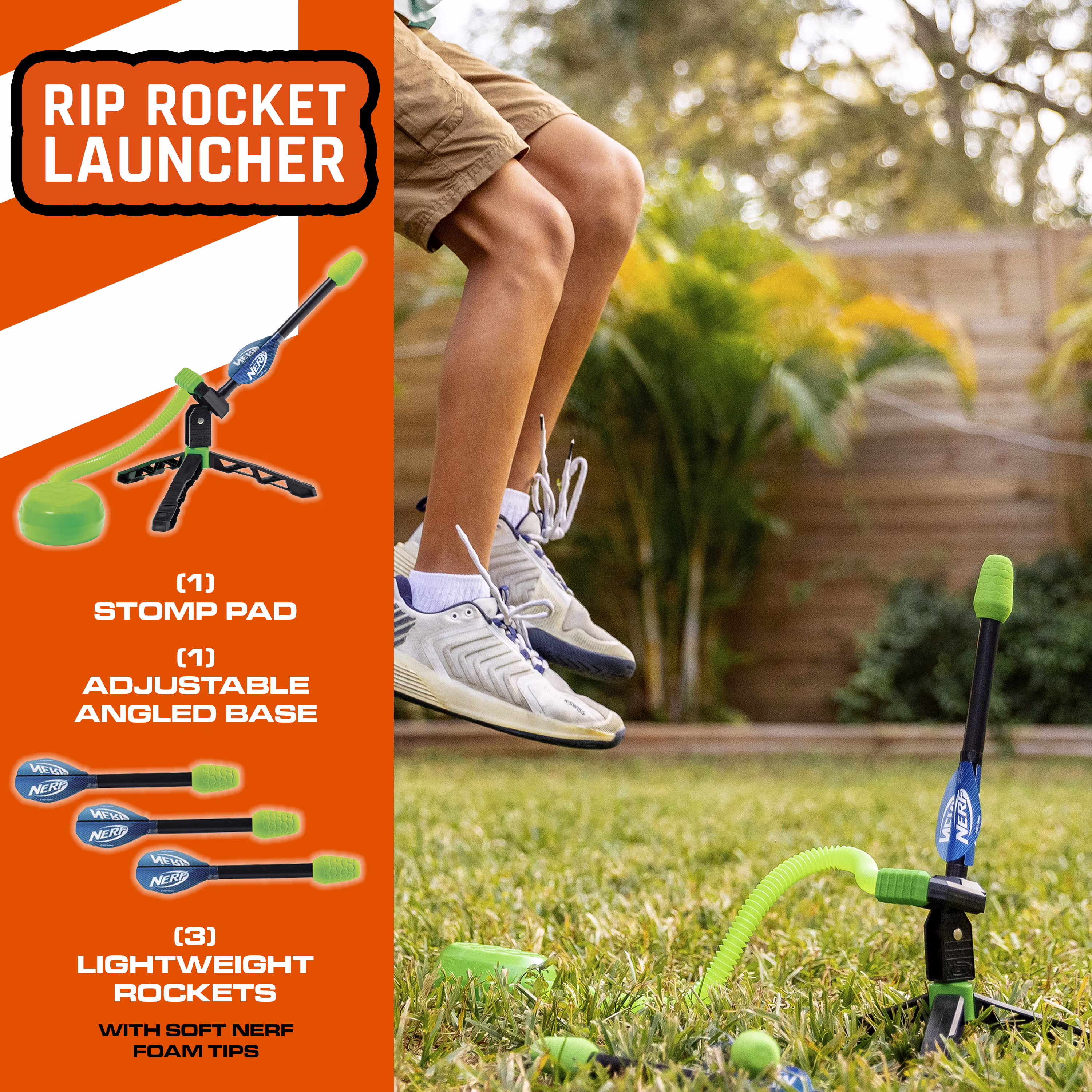 Nerf Rip Rocket Launcher Stomp-Powered Outdoor Toy Set (Green, 3-Pack) 1cMq7 - Image 5