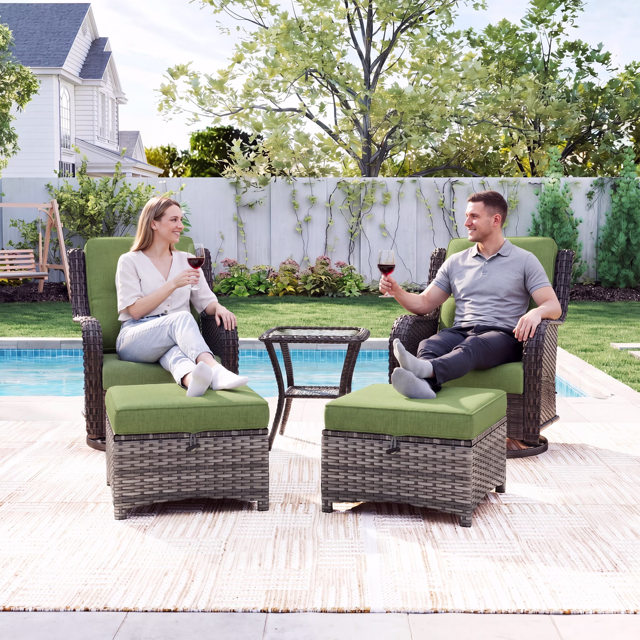 MeetLeisure 5-Piece Wicker Patio Furniture Set, Swivel Rocker Chairs with Ottomans and Side Table (Green) Zv77f - Image 7