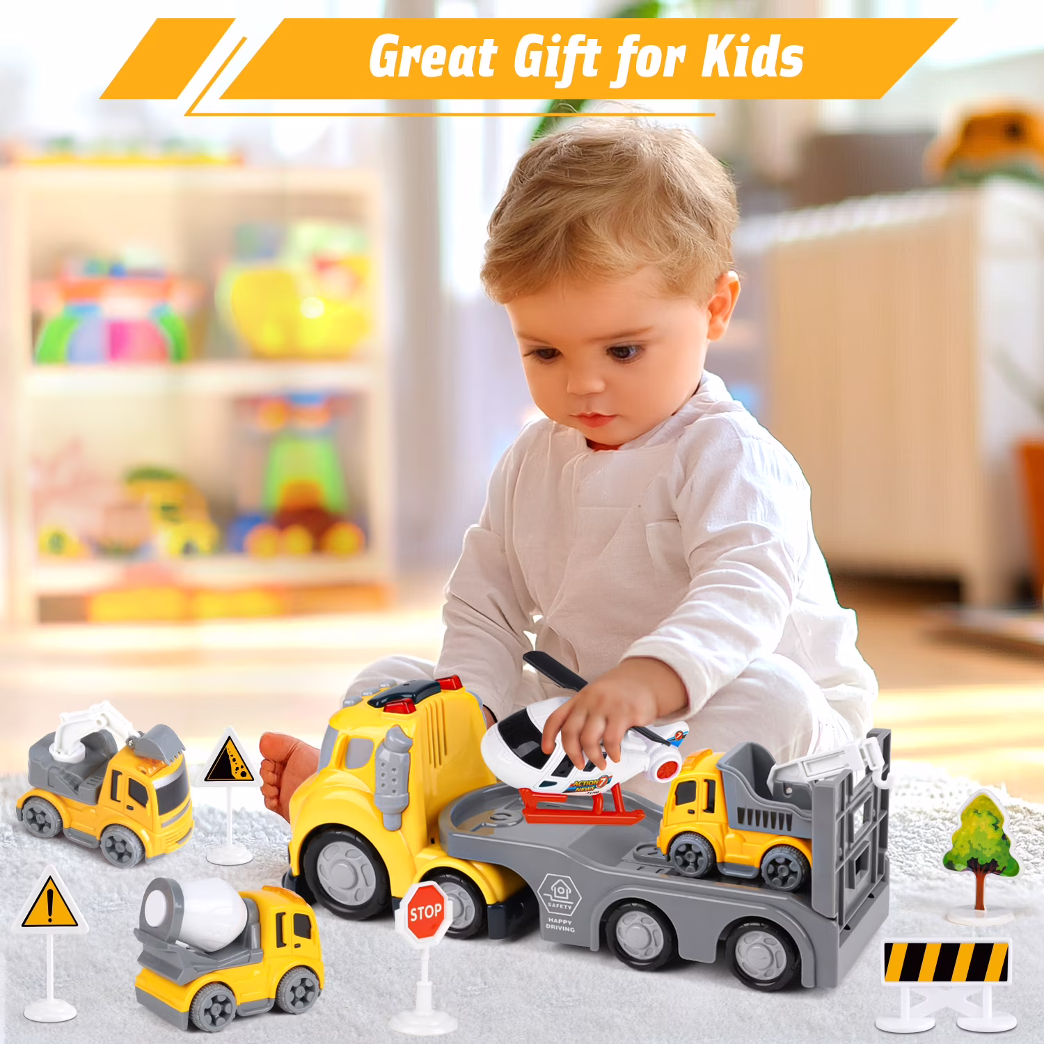 Beefunni Construction Vehicle Toy Set, 5-in-1 Transport Truck Carrier with Lights and Sounds (Yellow, 1 Set) Mnccm - Image 2