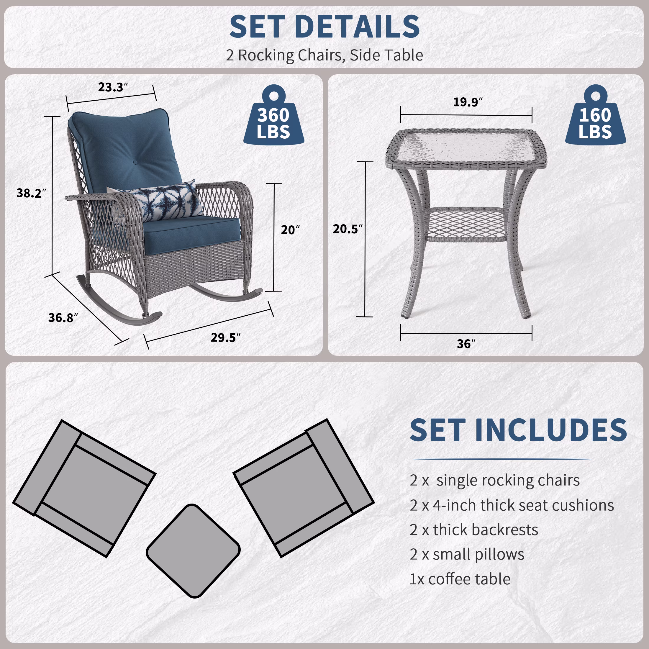UDPATIO 3-Piece Outdoor Rattan Rocking Bistro Set with Side Table and 4 in Thick Cushions (Blue, 3-Piece Set) VgXYE