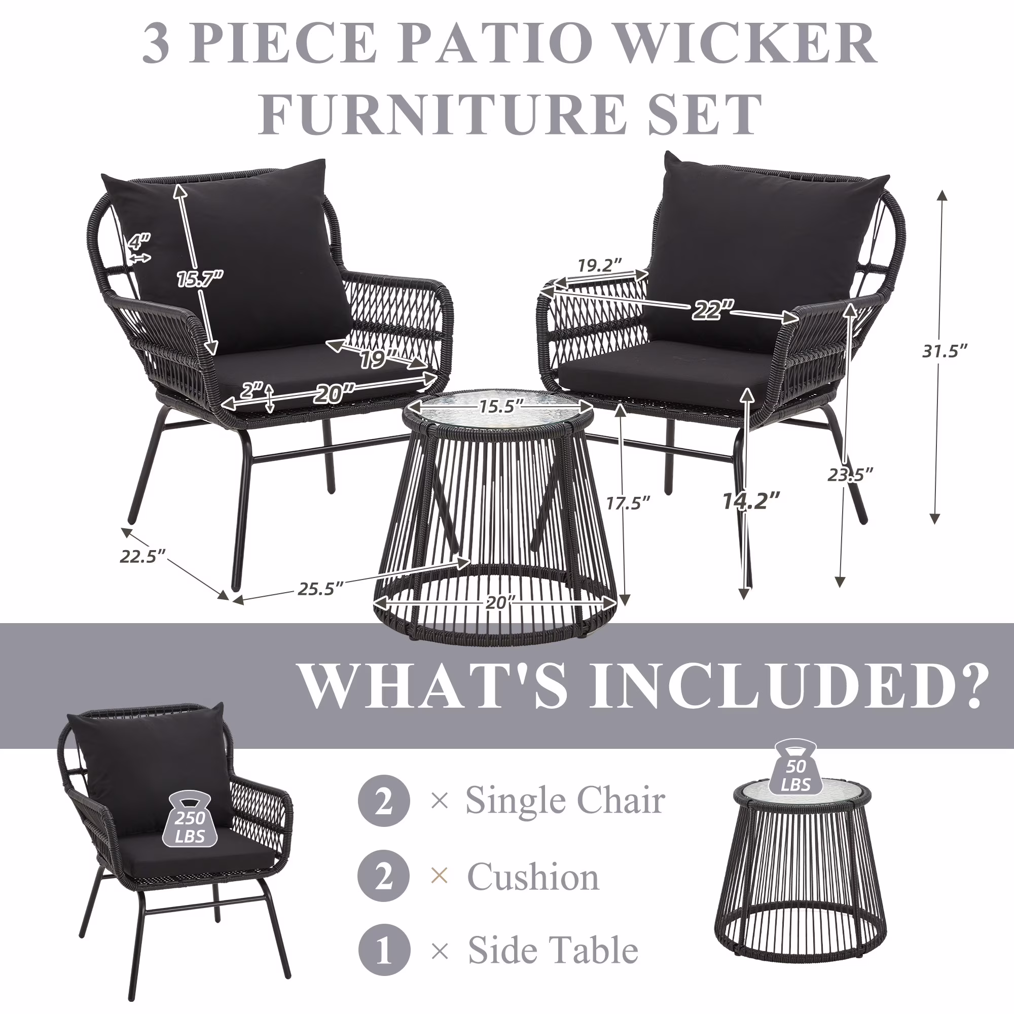 Bezseller 3-Piece Outdoor Wicker Furniture Set, Patio Conversation Set (Black, 3-Piece) gIBzb - Image 6