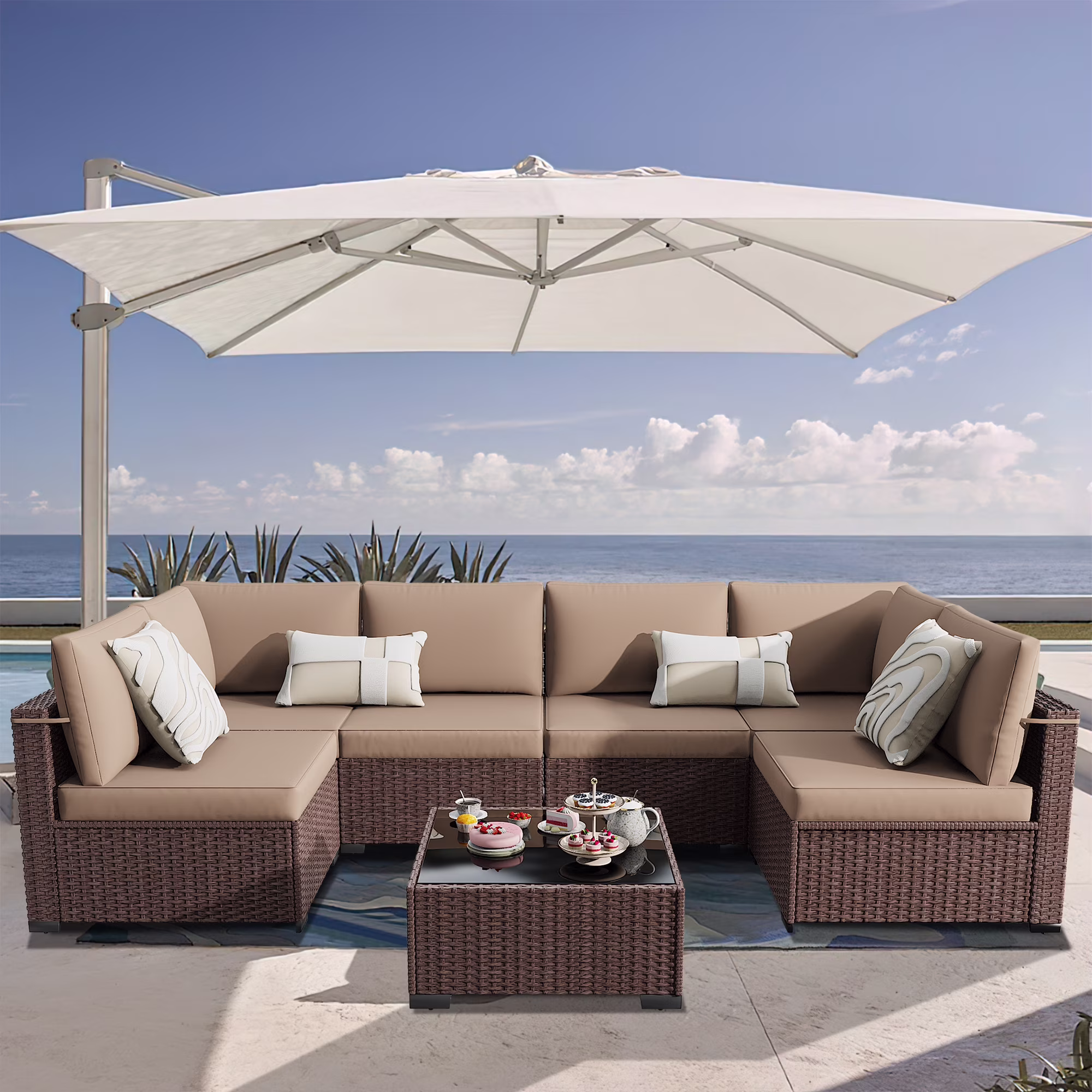 Kigoty 7-Piece Outdoor Patio Furniture Set, Wicker Rattan Sectional Sofa with Coffee Table (Brown, 7-Piece) avnNy - Image 4