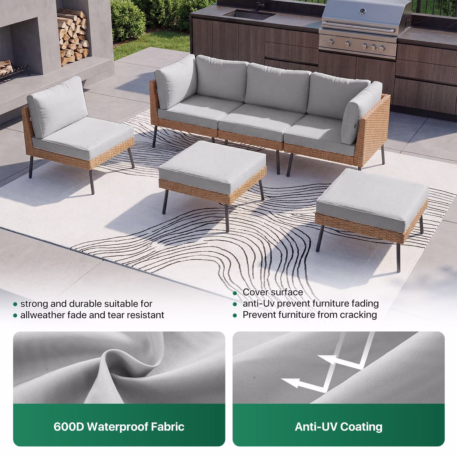 Sunmthink 6-Piece All Weather Wicker Patio Sectional Set with Water Resistant Cushions and Glass Coffee Table (Light Gray) of2WD - Image 5