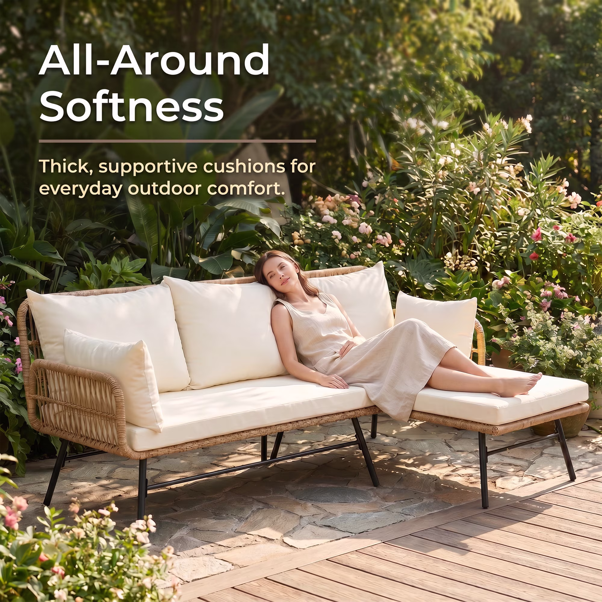 RADIATA 5-Piece Boho Outdoor Patio Furniture Set with Double Egg Chair, Sectional Sofa, Side Table, and Ice Bucket (Beige, 5-Piece Set) qIwpw - Image 5