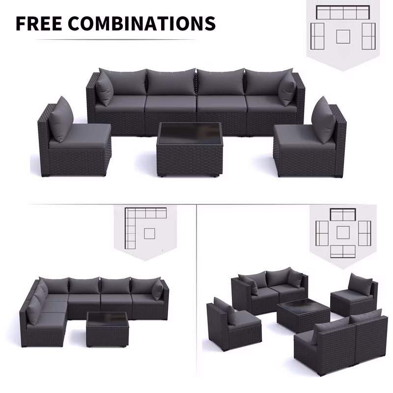 ELPOSUN 7-Piece Outdoor Patio Furniture Set, Sectional Rattan Sofa with Cushions (Dark Grey, 7-Piece) 12ACT