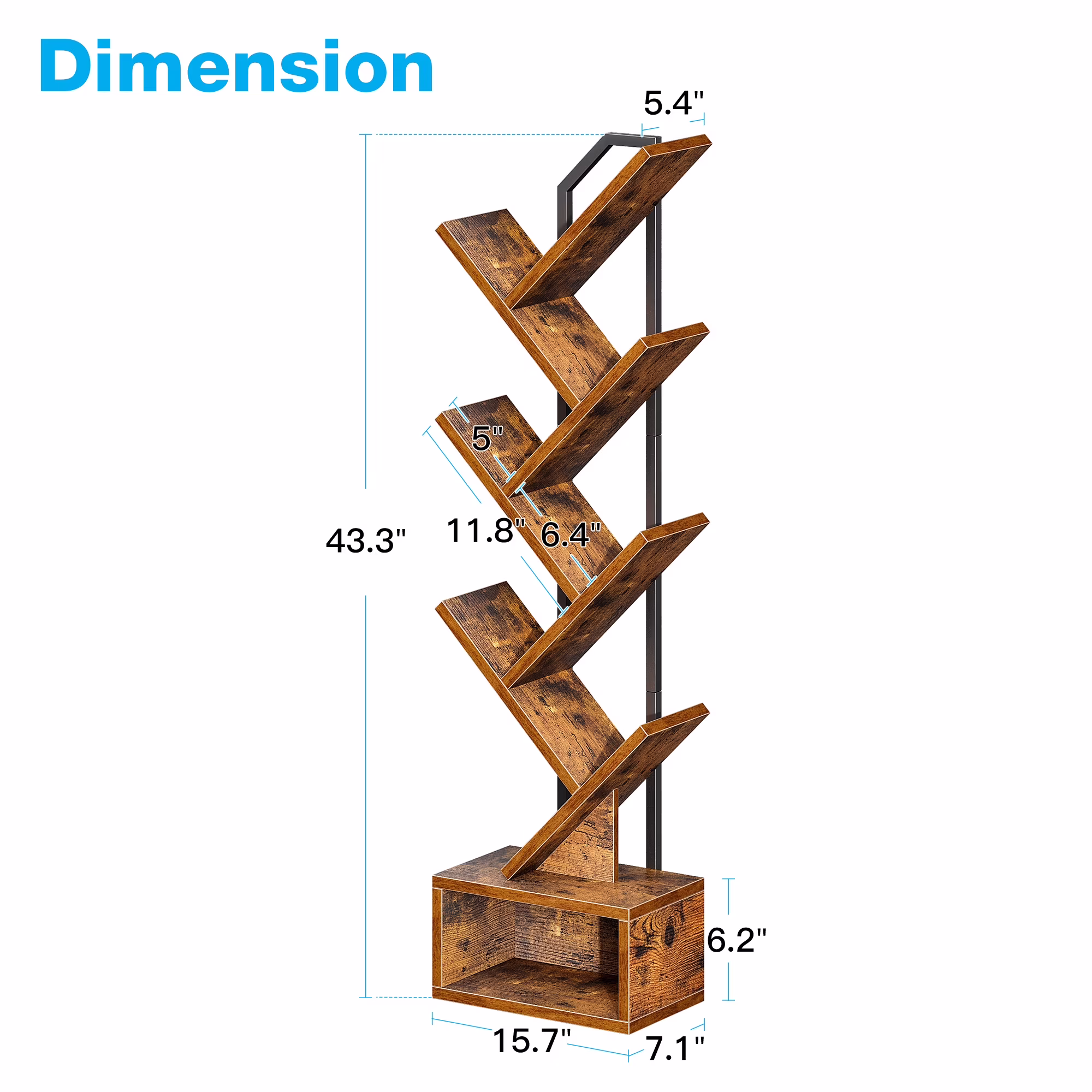 Casacomoda 6-Tier Tree Bookshelf, Narrow Wood and Steel Floor Standing Book Organizer with Storage Cabinet (Brown, 6-Tier) Uzn1E - Image 5