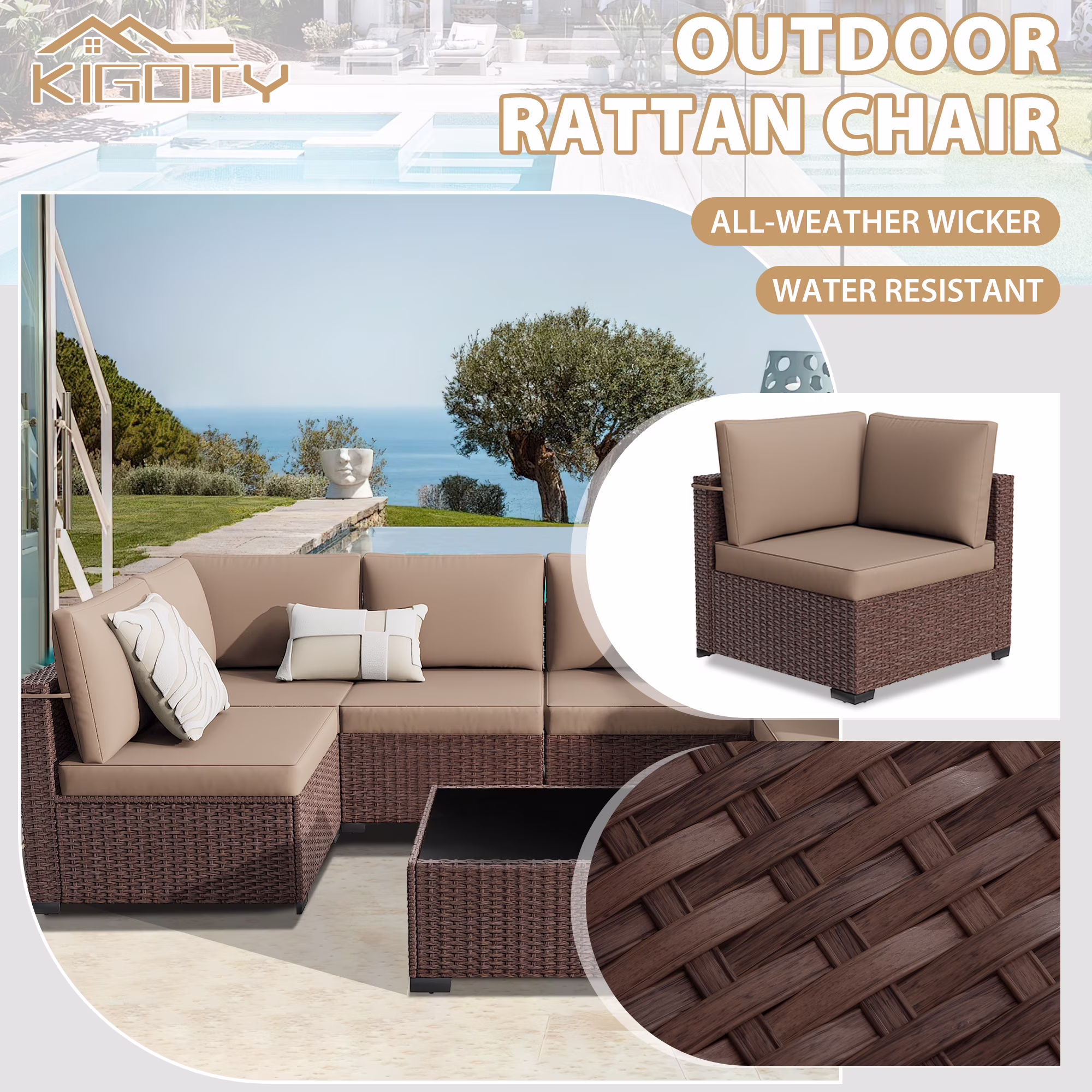 Kigoty 7-Piece Outdoor Patio Furniture Set, Wicker Rattan Sectional Sofa with Coffee Table (Brown, 7-Piece) avnNy - Image 5