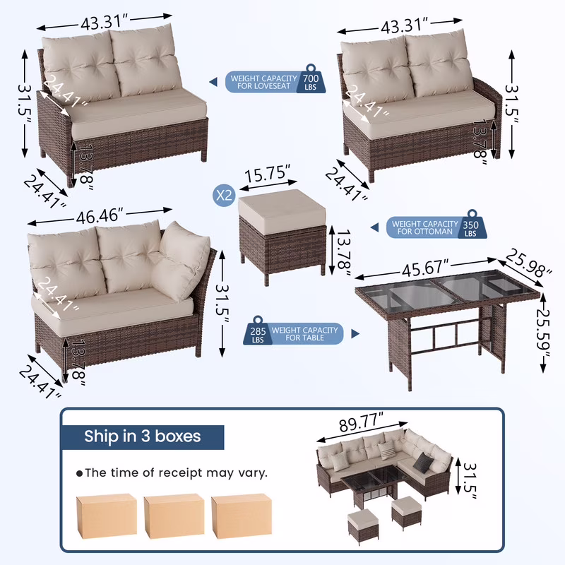 ELPOSUN 7-Piece Outdoor Patio Furniture Set (All-Weather Rattan Sectional Sofa with Dining Table and Ottomans, Brown/Khaki) 7U5ww