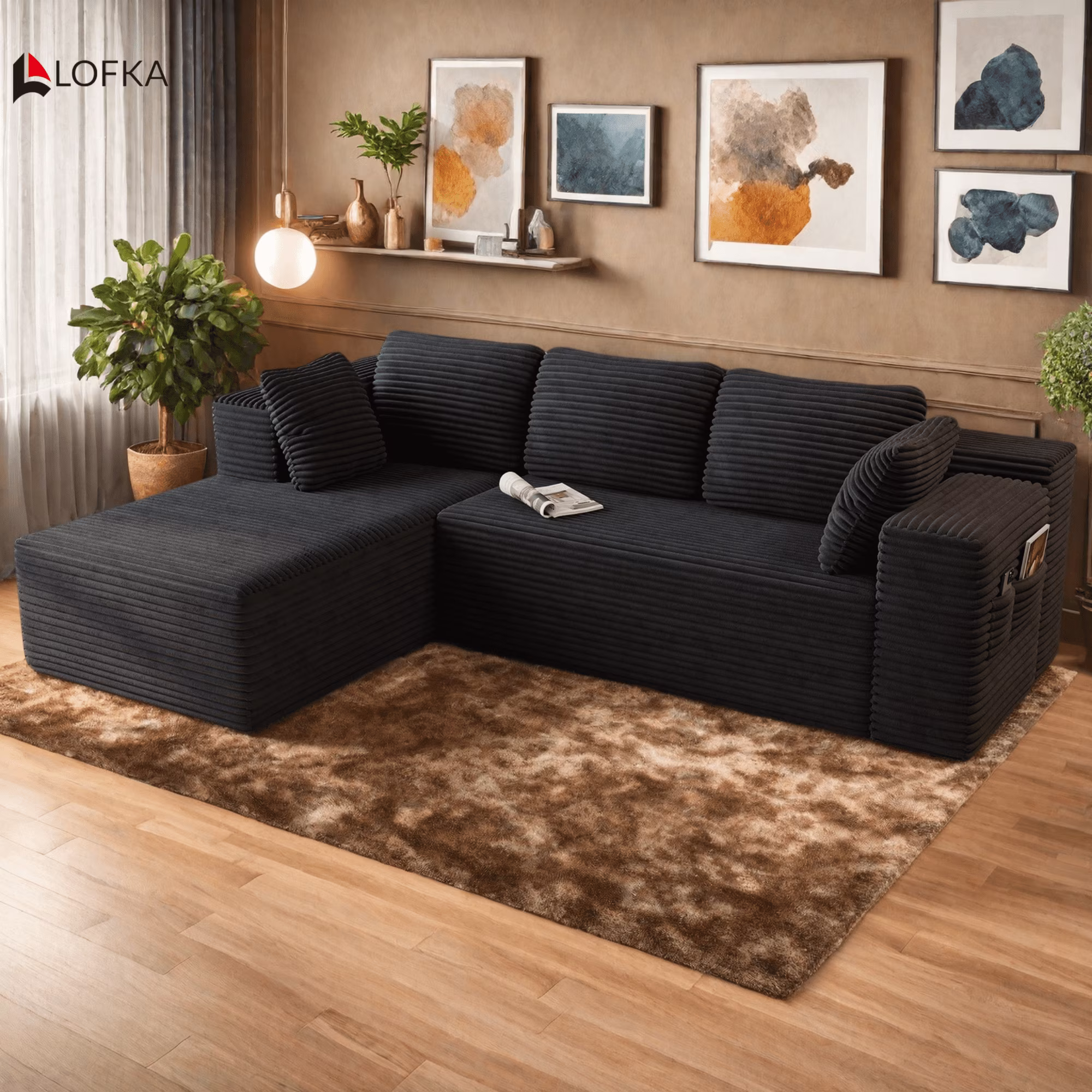 Lofka L-Shaped Sectional Sofa, Pet-Friendly Corduroy Fabric, Modular Living Room Furniture (Black, 105 in) 8Uae6 - Image 9