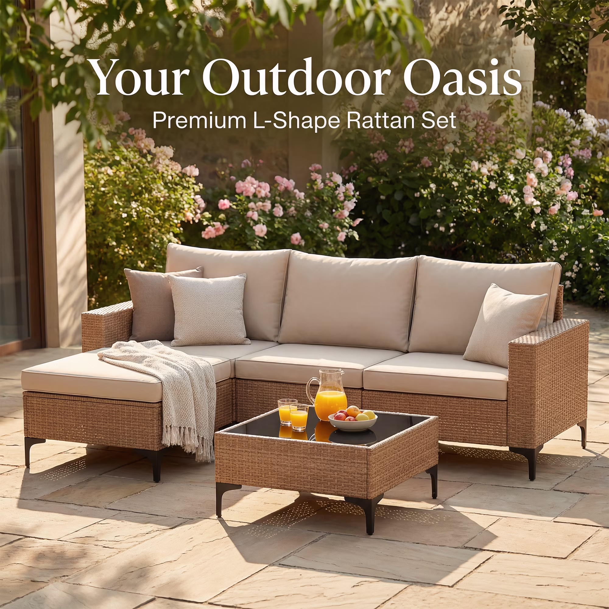 LAZZO 5-Piece Patio Conversation Set, Boho Outdoor Wicker Furniture with Cushions and Glass Coffee Table (Beige, 5-Piece) DpjH9 - Image 9