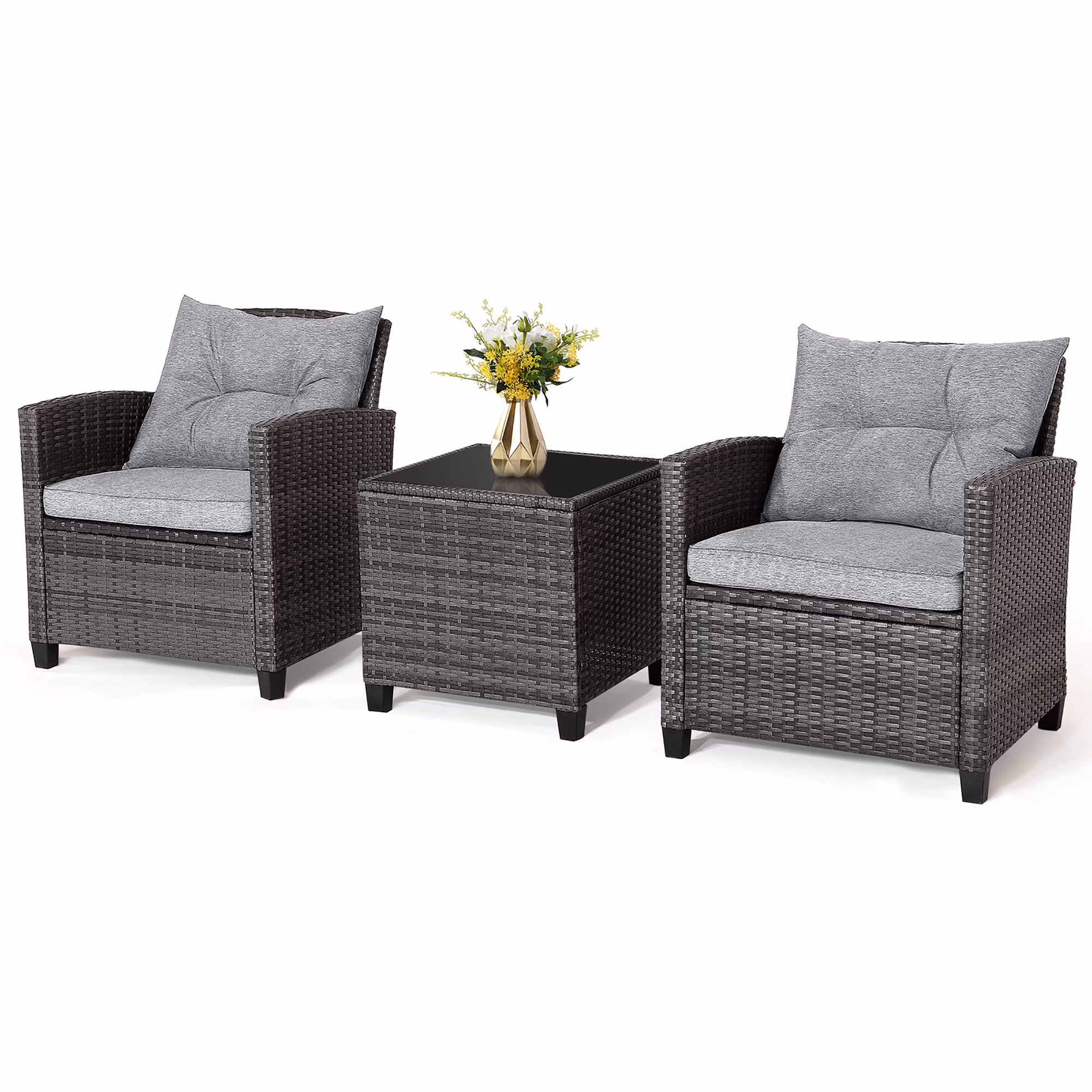 Gymax 3-Piece Patio Rattan Sofa Set Outdoor Wicker Conversation Furniture with Glass Tabletop (Grey, 3-Piece Set) 1vO0G - Image 6