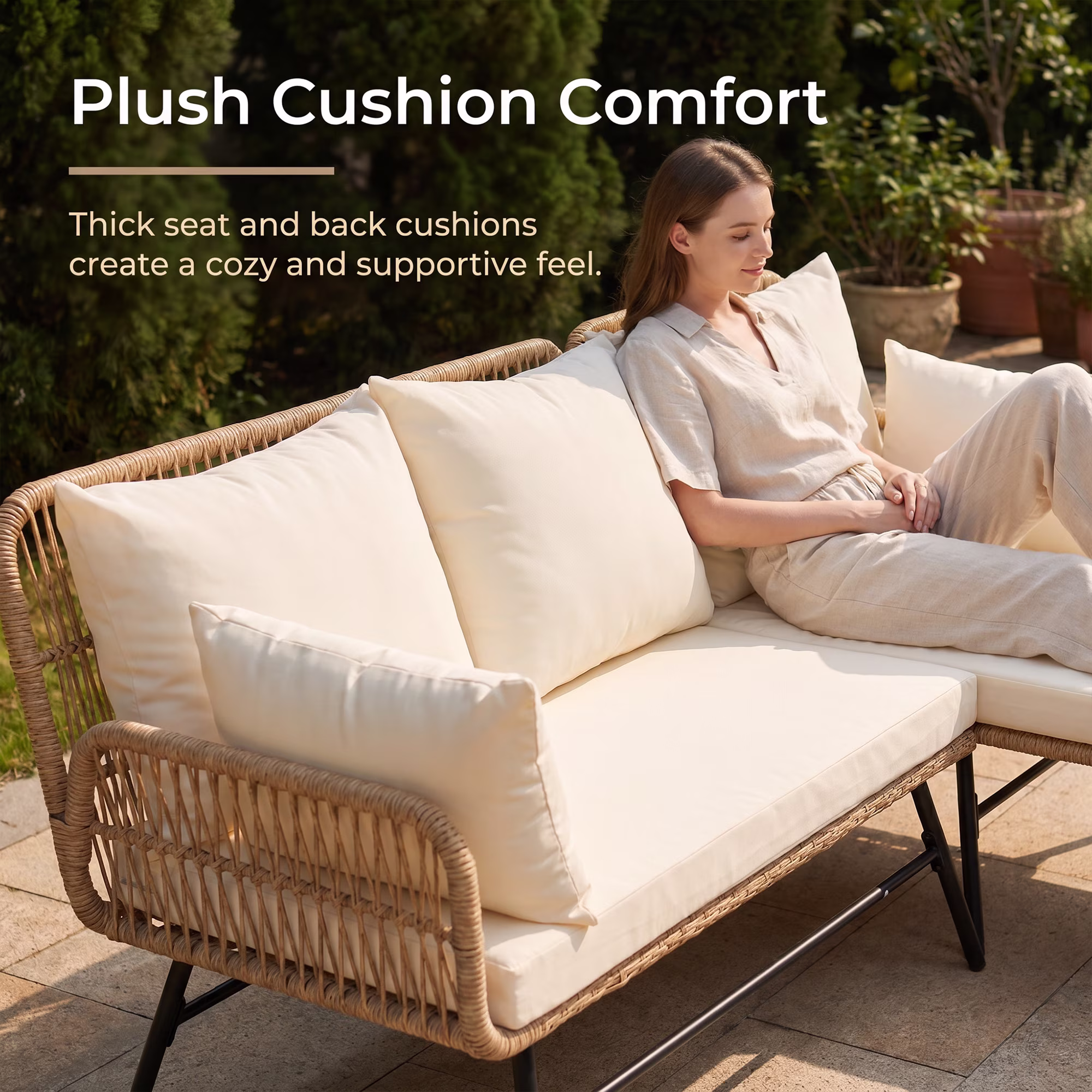 RADIATA 5-Piece Boho Outdoor Patio Furniture Set with Double Egg Chair, Sectional Sofa, Side Table, and Ice Bucket (Beige, 5-Piece Set) qIwpw - Image 6