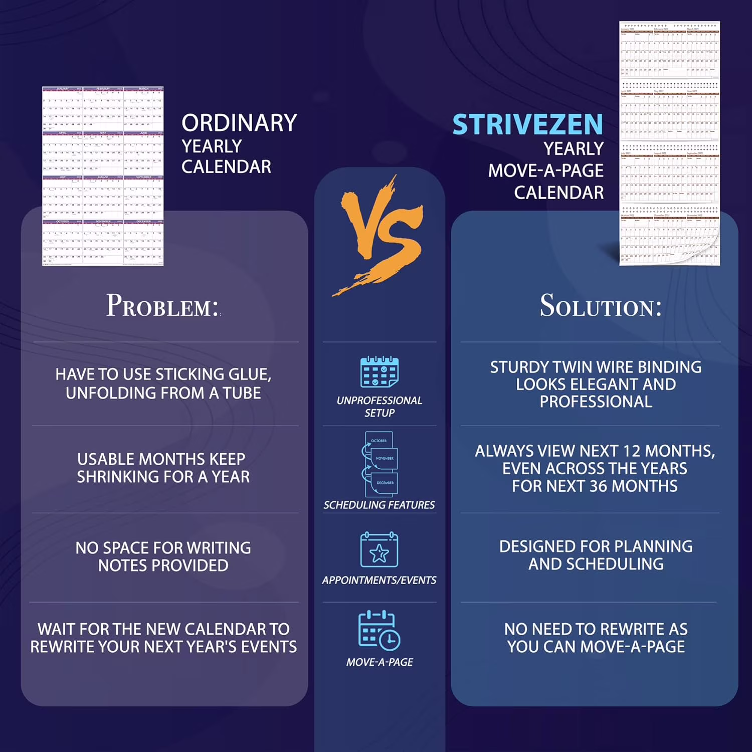 StriveZen 3-Year Wall Calendar, Move-a-Page Vertical Planner, Large Monthly Layout (White, 38x17 in) LQt6U