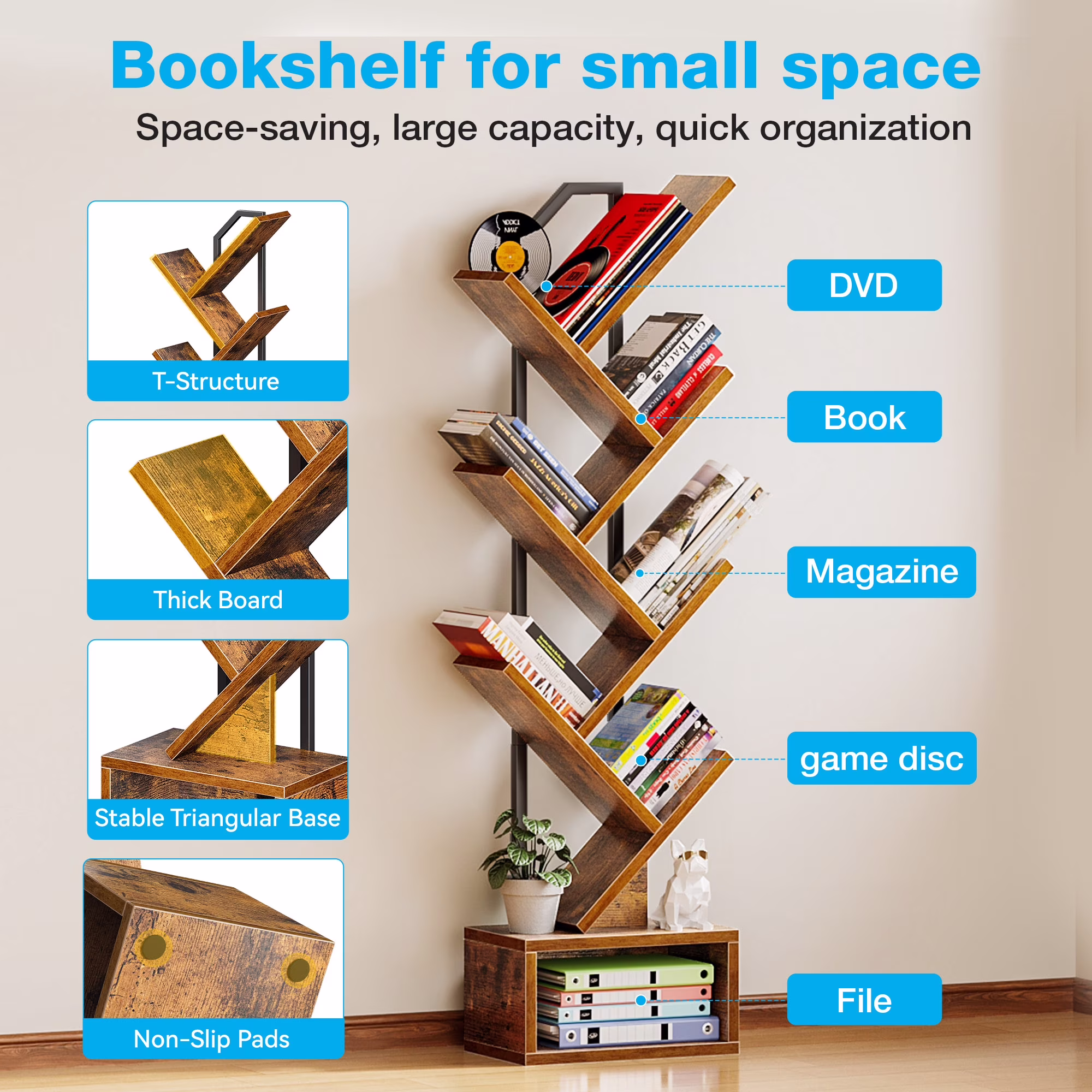 Casacomoda 6-Tier Tree Bookshelf, Narrow Wood and Steel Floor Standing Book Organizer with Storage Cabinet (Brown, 6-Tier) Uzn1E - Image 7