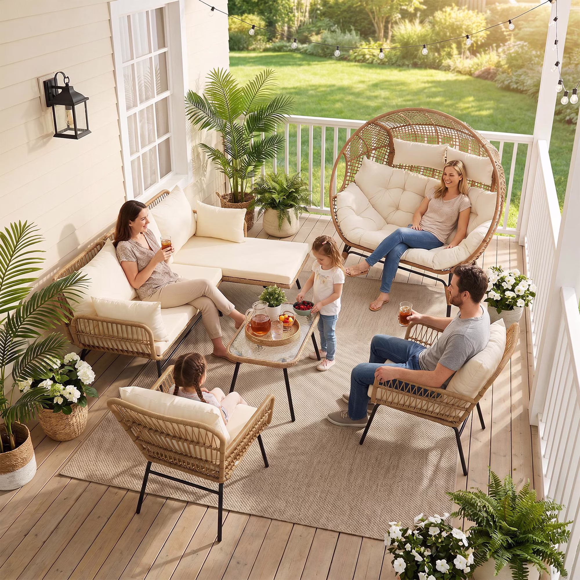 RADIATA 5-Piece Boho Outdoor Patio Furniture Set with Double Egg Chair, Sectional Sofa, Side Table, and Ice Bucket (Beige, 5-Piece Set) qIwpw - Image 9