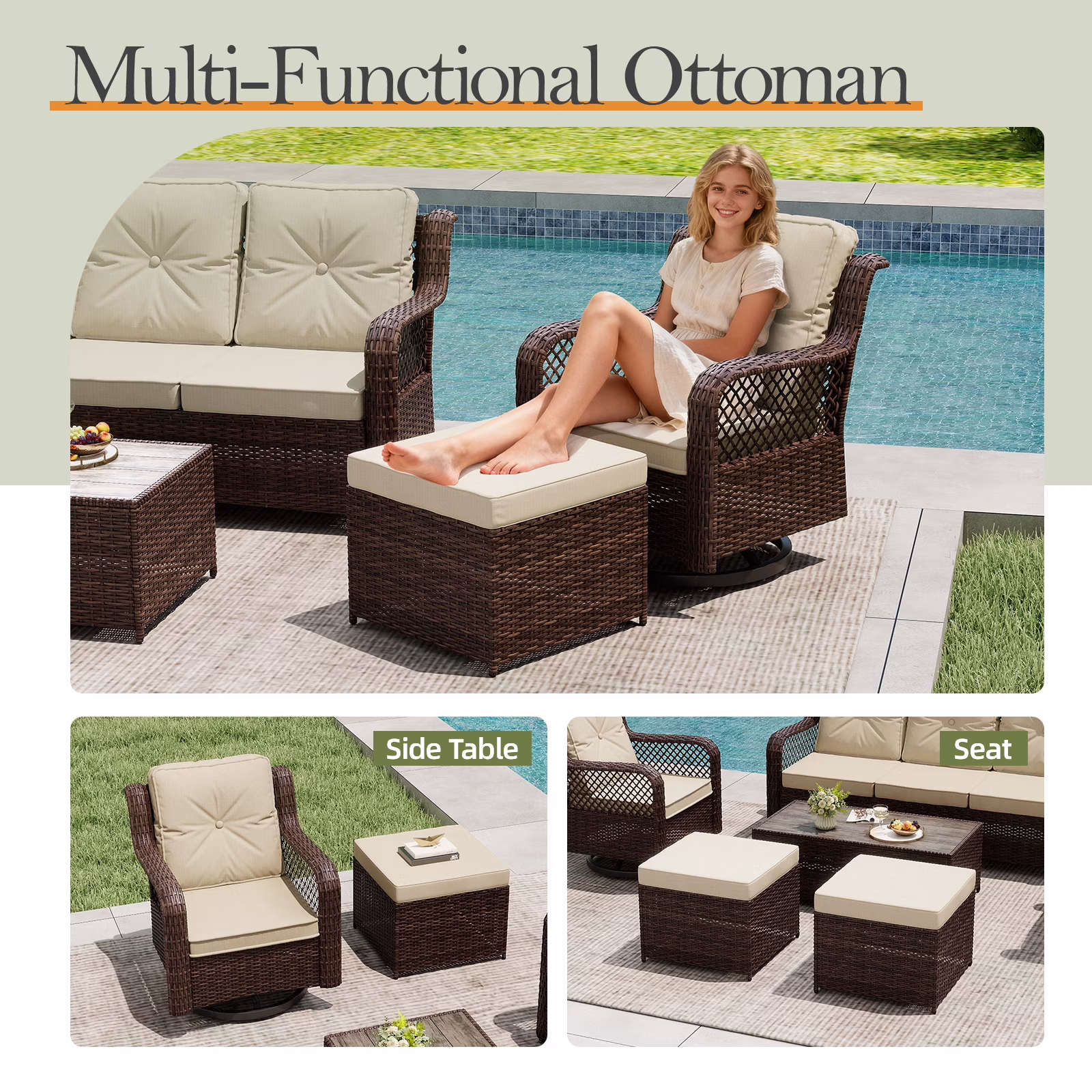 Mvpipi 6-Piece Outdoor Patio Furniture Set with Swivel Chairs, Ottoman, Sofa, and Coffee Table (Beige, 6-Piece Set) Af2MY - Image 2