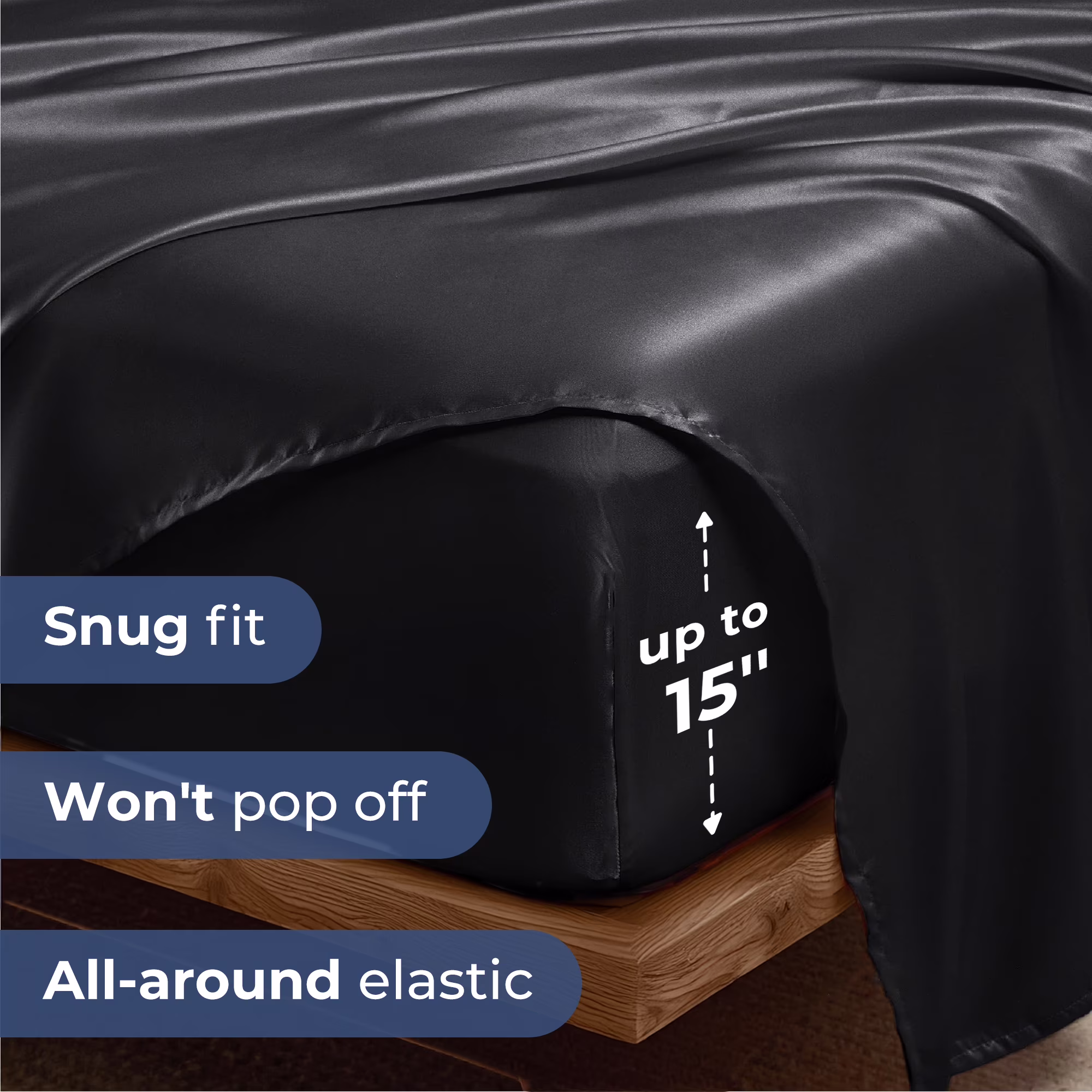Seasonwood Satin Sheet Set, Silky Bedding Collection, Wrinkle-Resistant & Breathable (Black, Queen, 4-Piece Set) 1HWLj - Image 5