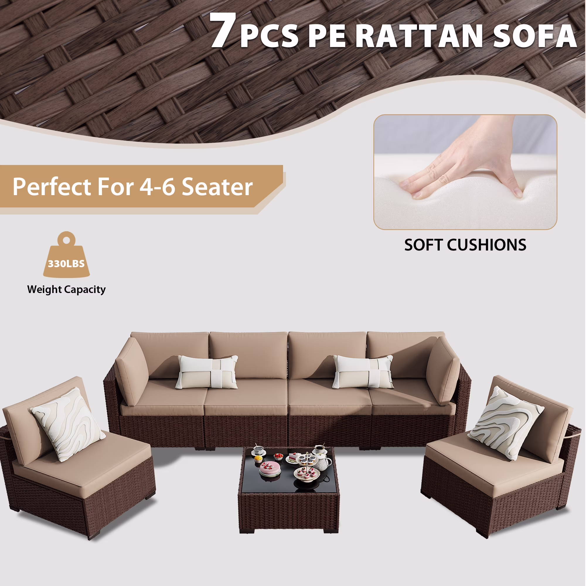 Kigoty 7-Piece Outdoor Patio Furniture Set, Wicker Rattan Sectional Sofa with Coffee Table (Brown, 7-Piece) avnNy - Image 3