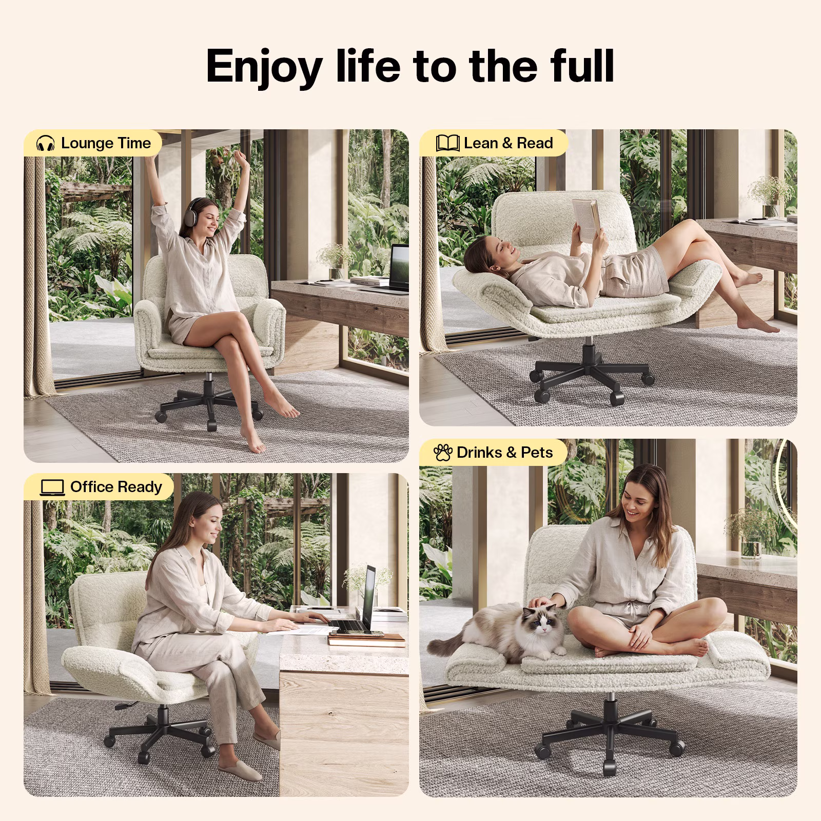 Patbrela Ergonomic Criss Cross Office Chair, Teddy Plush Wide Desk Chair with Adjustable Armrests (Beige, 18.2-22.5 in Height) KbaUB - Image 4