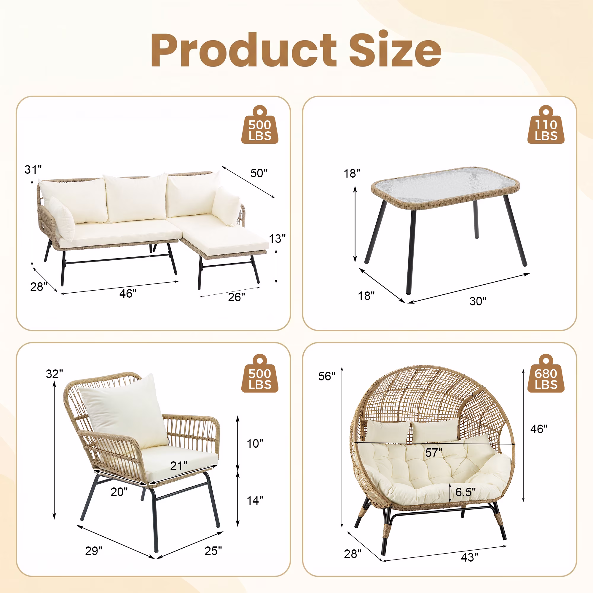 RADIATA 5-Piece Boho Outdoor Patio Furniture Set with Double Egg Chair, Sectional Sofa, Side Table, and Ice Bucket (Beige, 5-Piece Set) qIwpw - Image 8